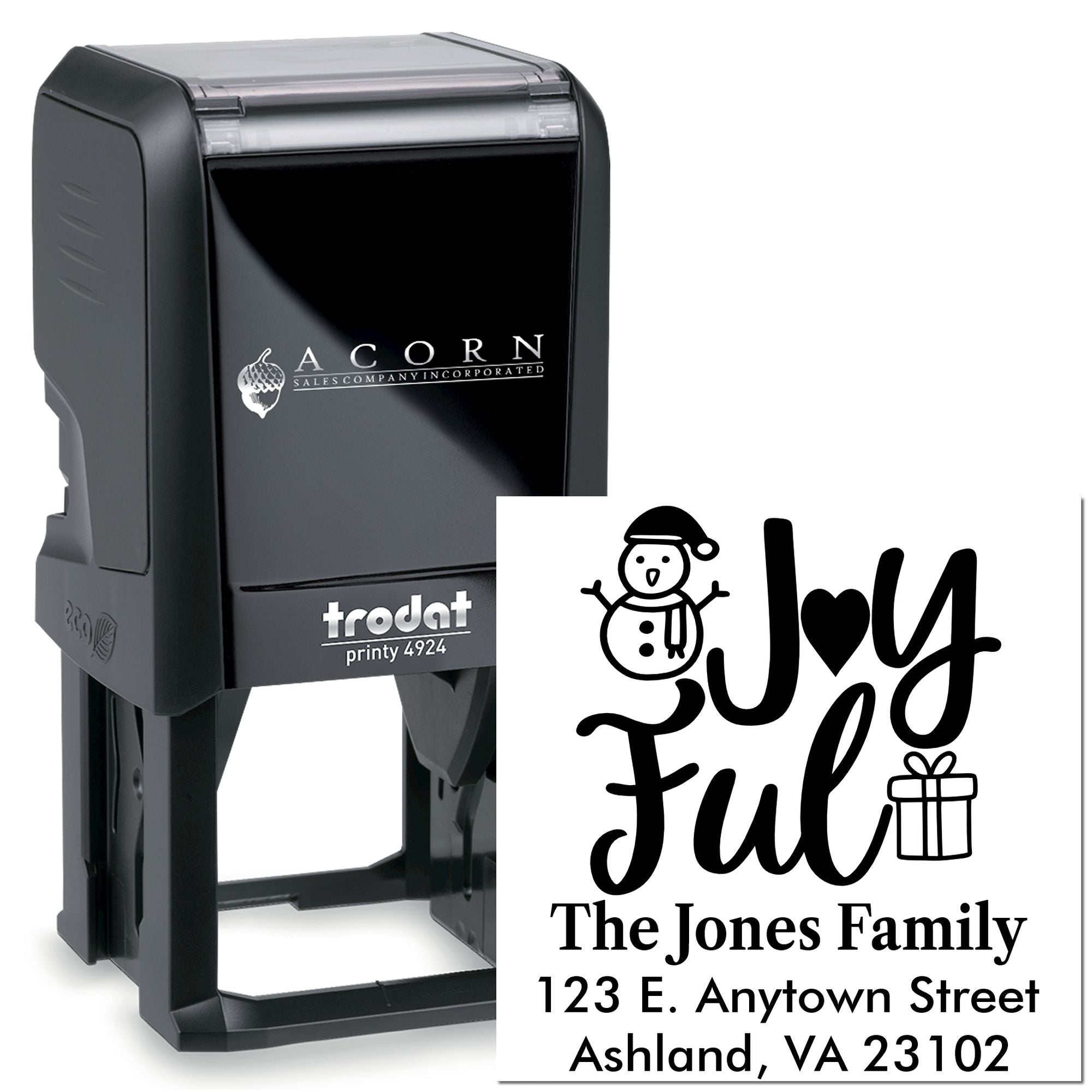 Self-inking custom rubber stamp with holiday return address design reading Joyful for The Jones Family.