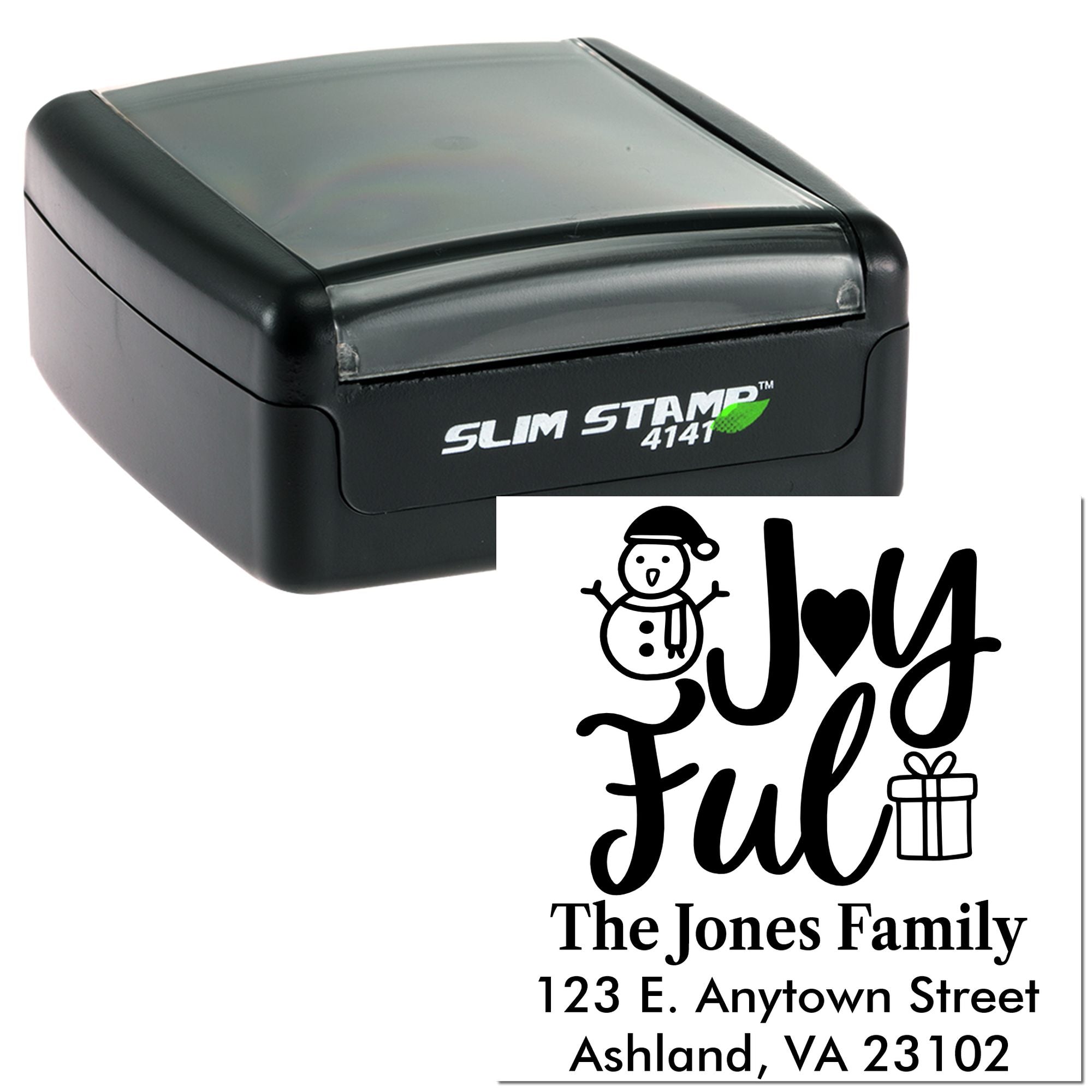 Custom self-inking holiday address rubber stamp with Joyful snowman design for The Jones Family.
