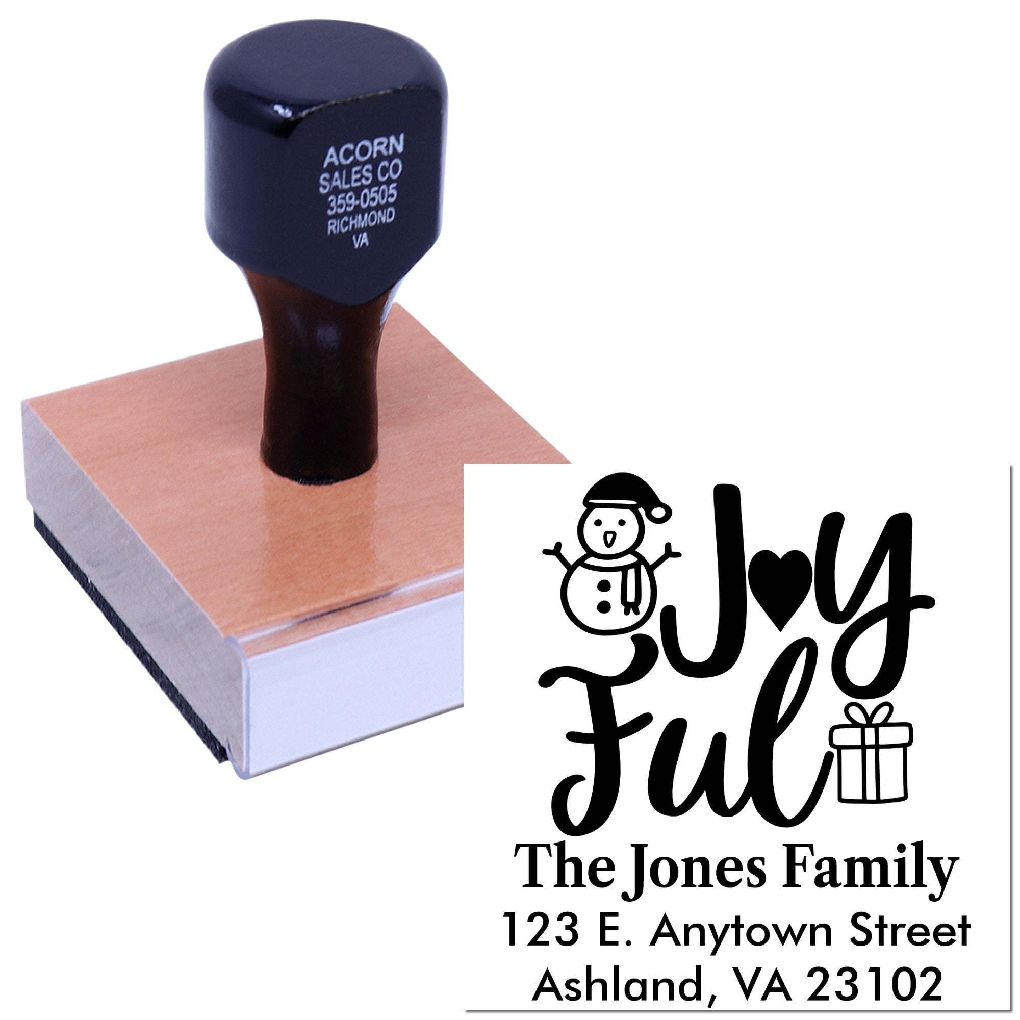 Custom rubber address stamp with festive Joyful snowman and gift design for The Jones Family, Ashland, VA.