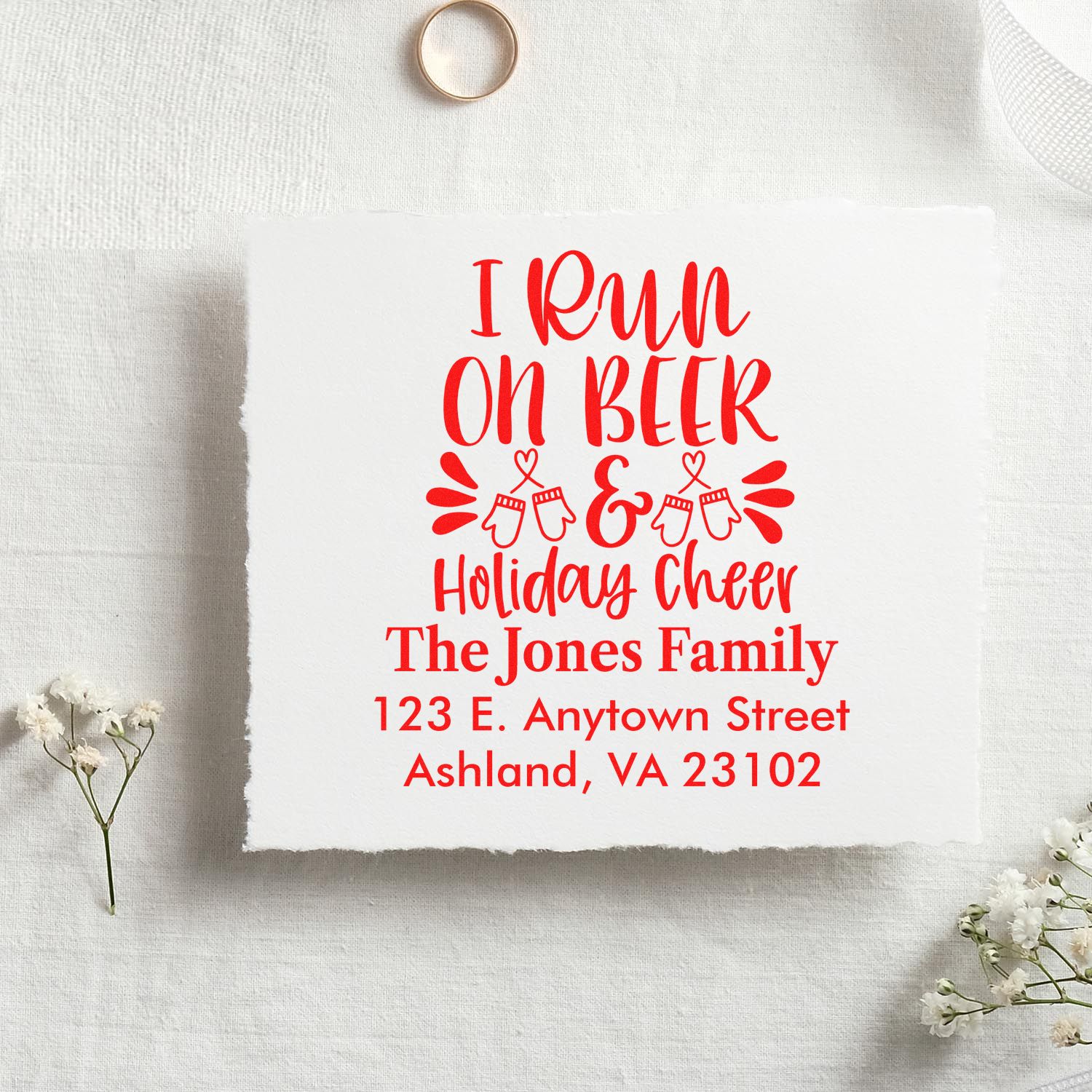 Personalized holiday return address rubber stamp with festive I Run on Beer & Holiday Cheer design for custom Christmas cards and mailings.