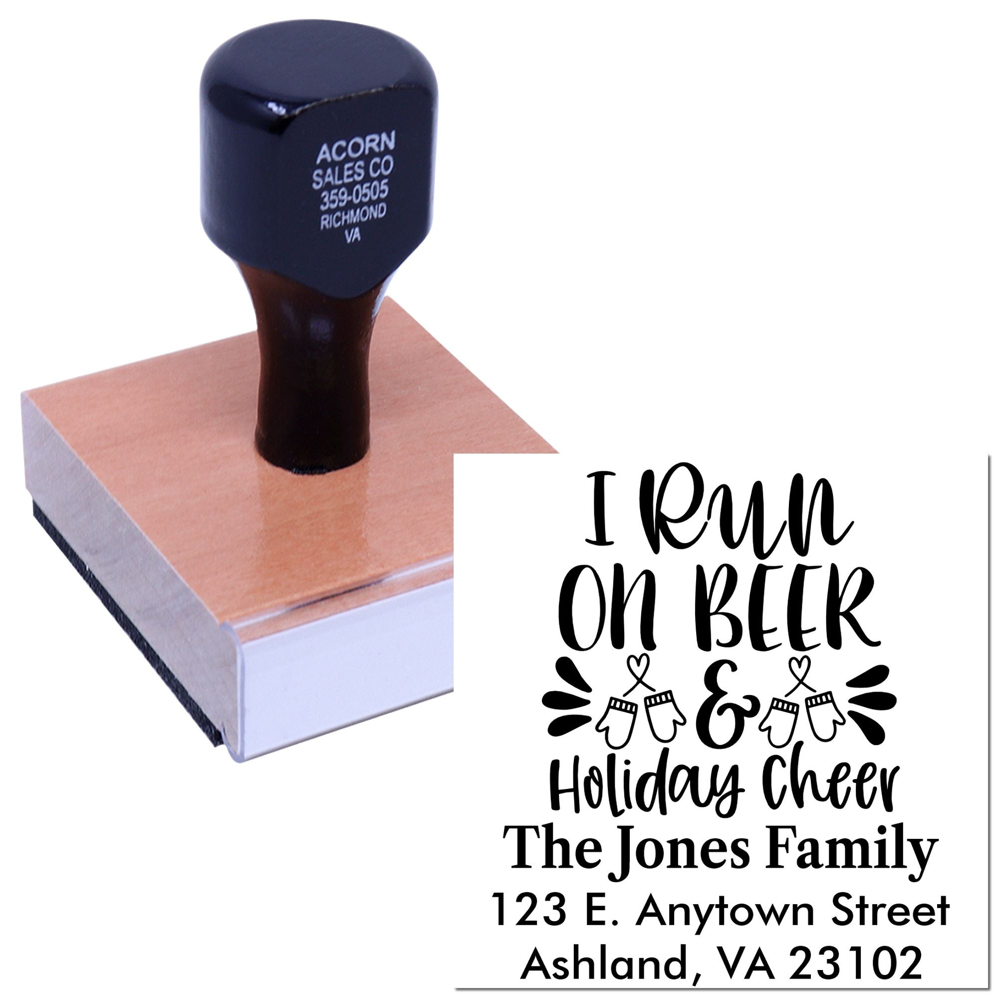 Personalized wooden rubber stamp with holiday cheer family address design for cards, invitations and seasonal mailings.