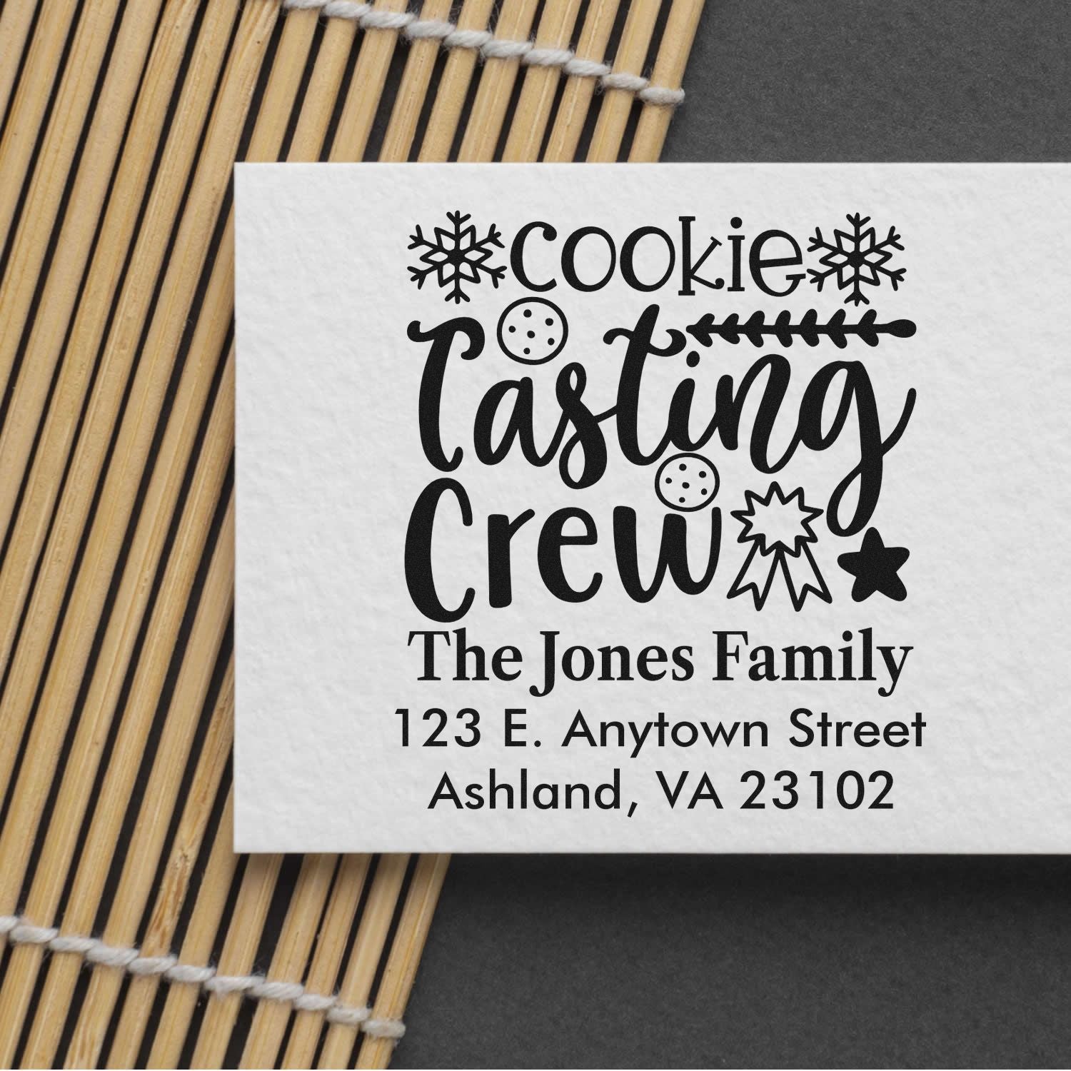 Custom rubber stamp for Cookie Tasting Crew with family name and address, ideal for holiday baking and cookie exchange packaging.