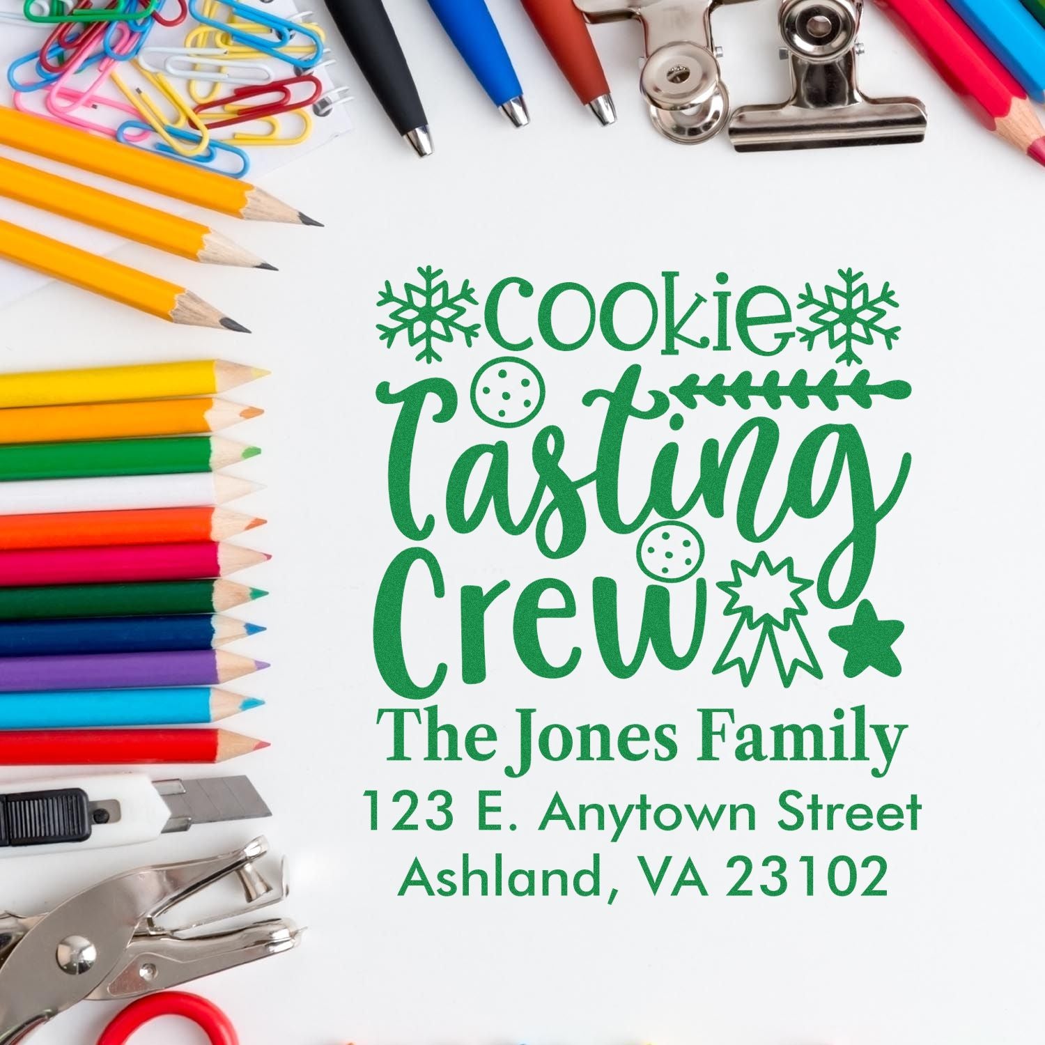 Custom cookie tasting crew rubber stamp with family name and address, ideal for personalized holiday stationery and mailings.