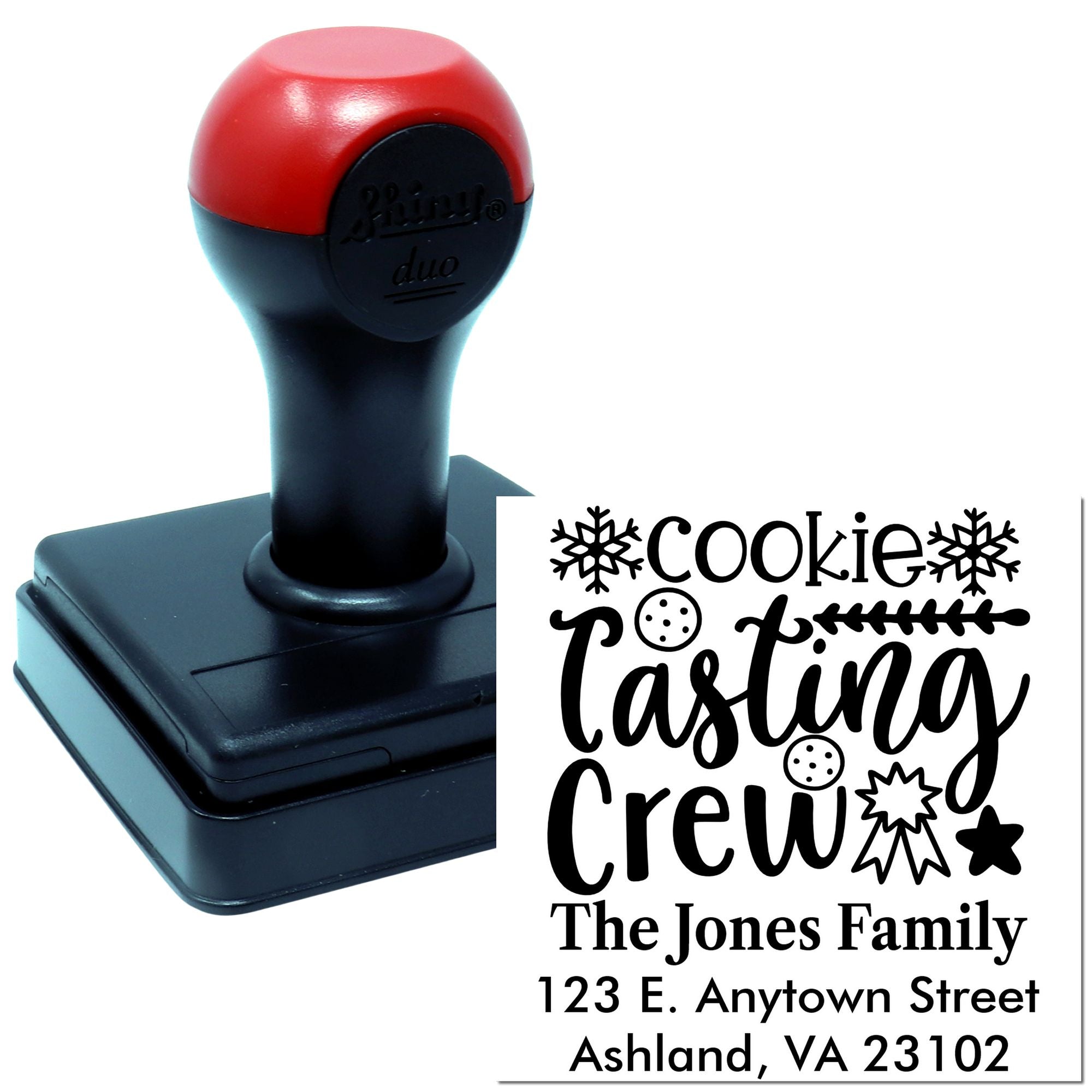 Custom self-inking rubber stamp with Cookie Tasting Crew family address design for personalized mail and holiday baking.