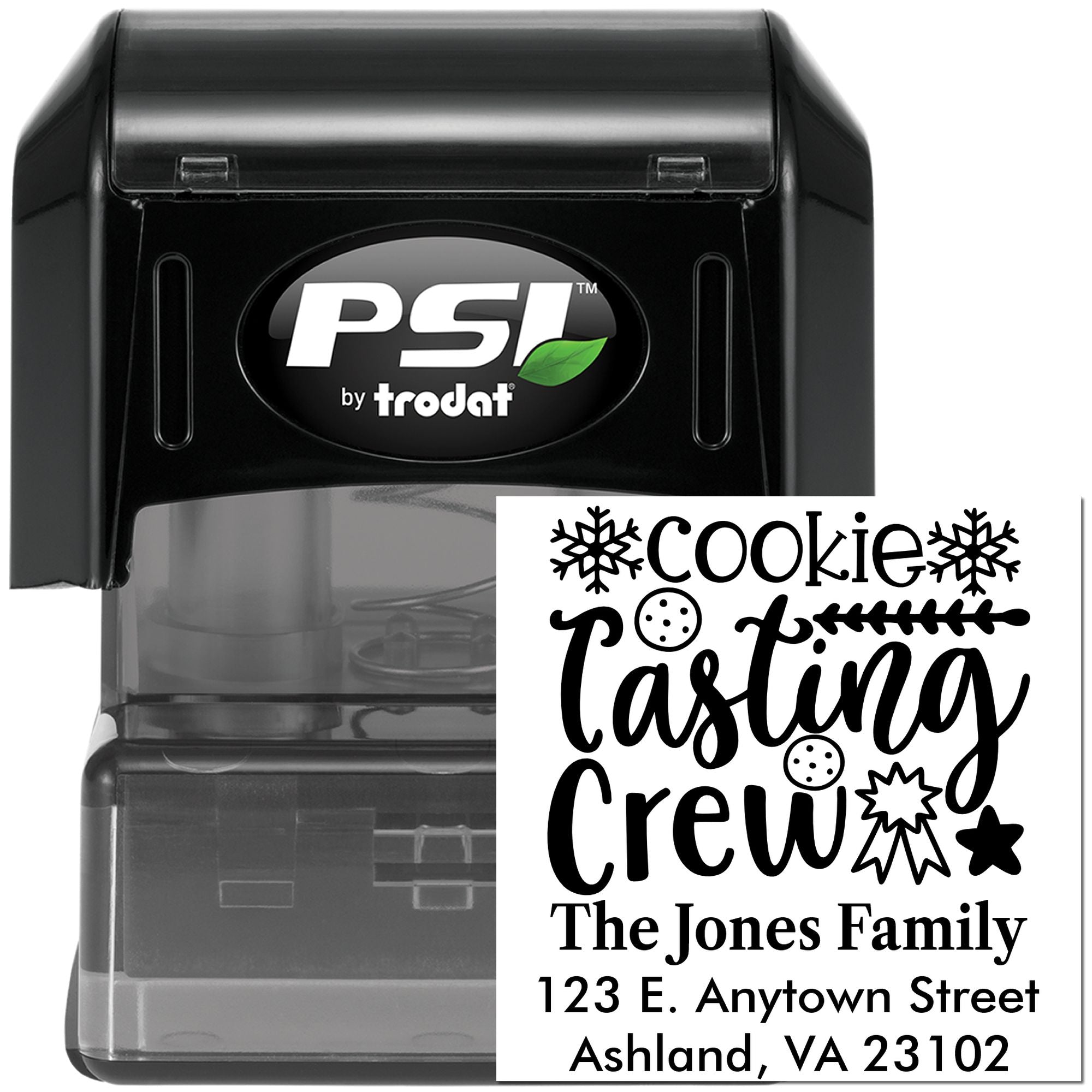 PSI by Trodat self-inking rubber stamp with custom Cookie Tasting Crew return address design for The Jones Family.