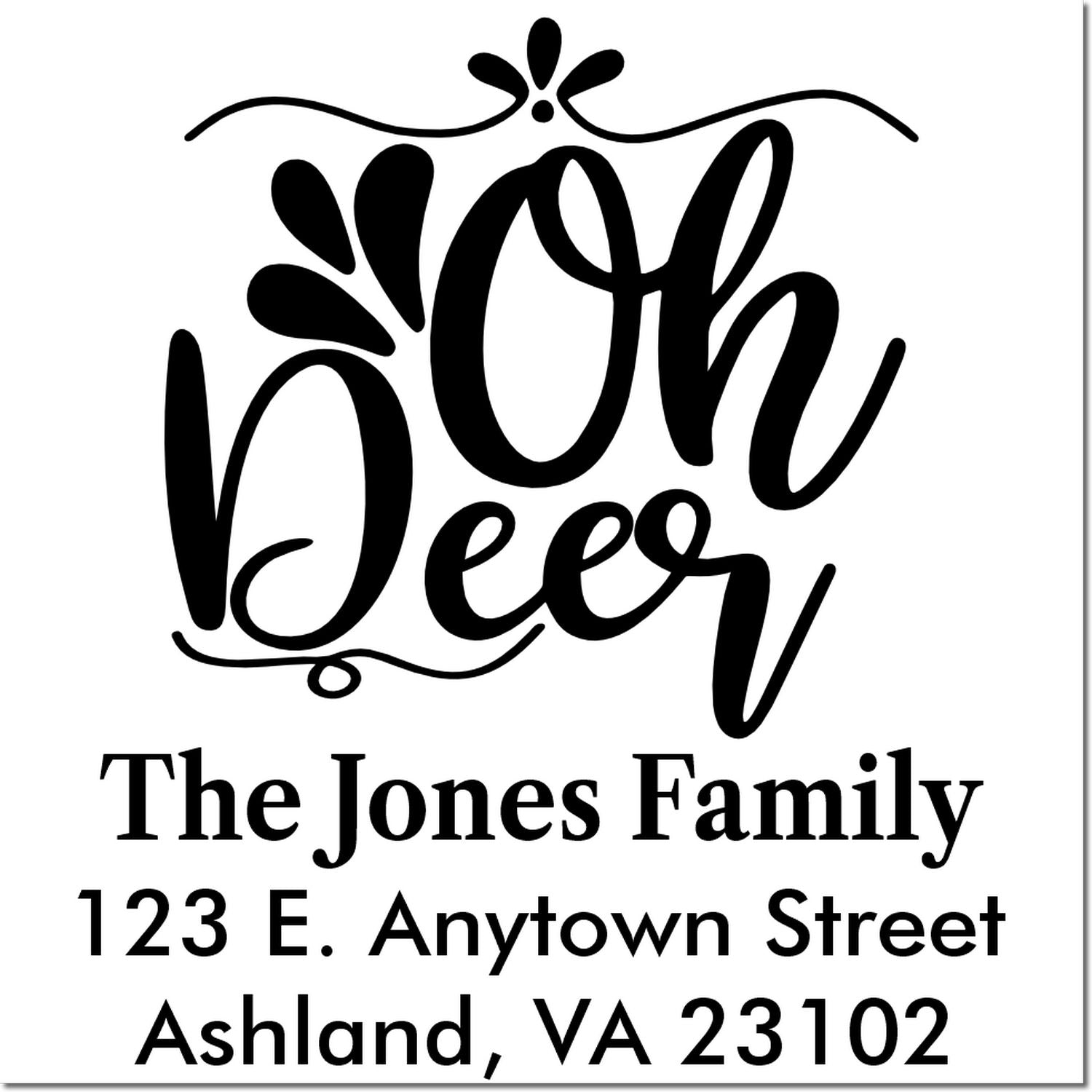 Personalized Oh Deer return address rubber stamp for The Jones Family, custom holiday mailer with name and address.