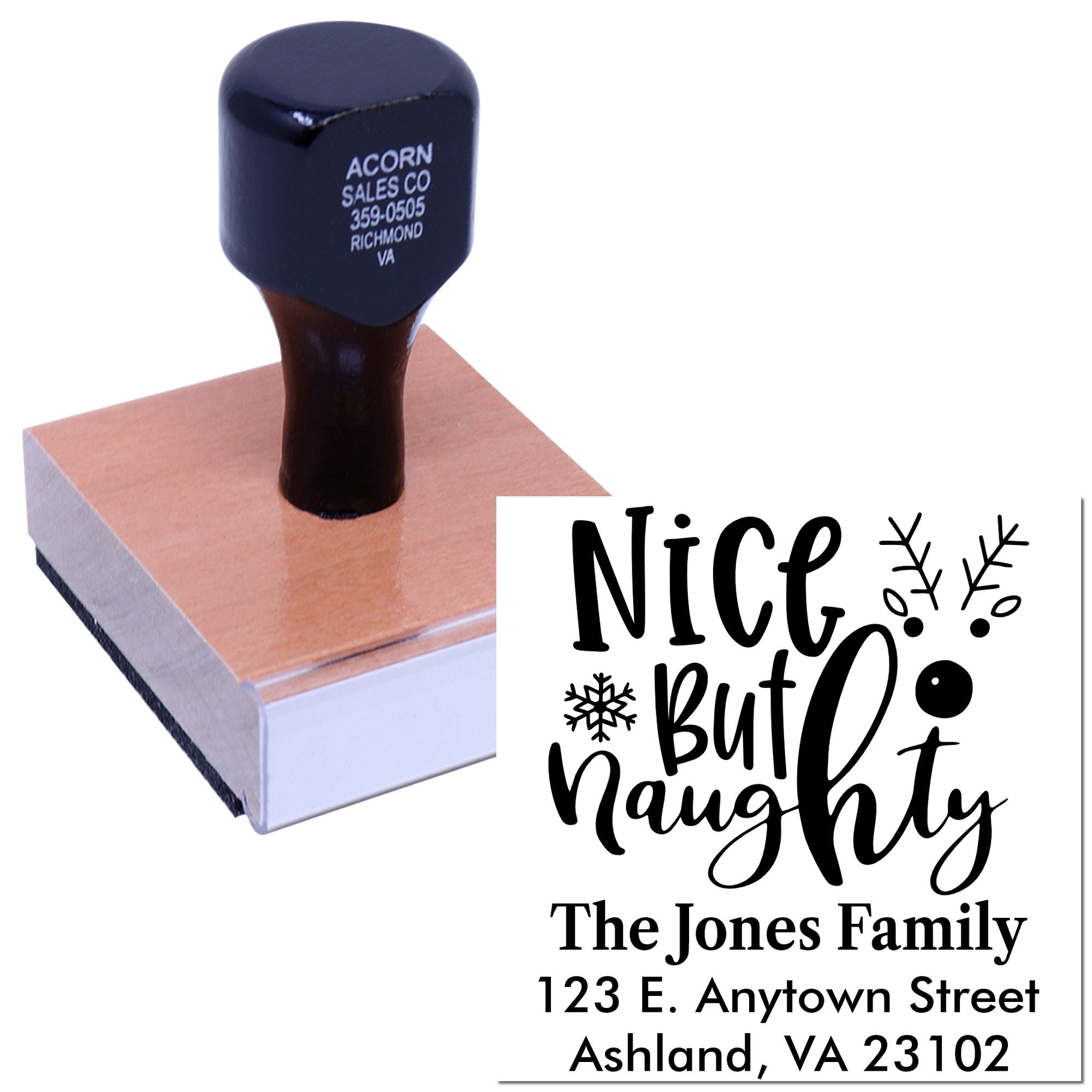 Personalized Christmas rubber stamp with Nice But Naughty family address design for festive envelopes and holiday gifts.