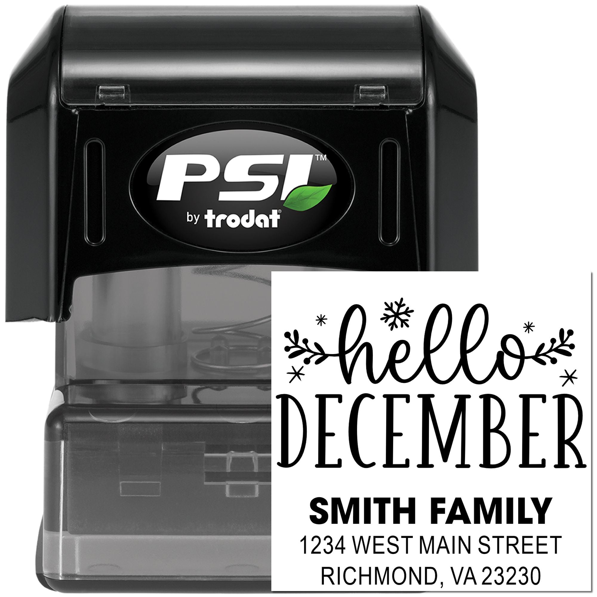 Custom self-inking rubber stamp by Trodat with Hello December holiday return address for the Smith family.
