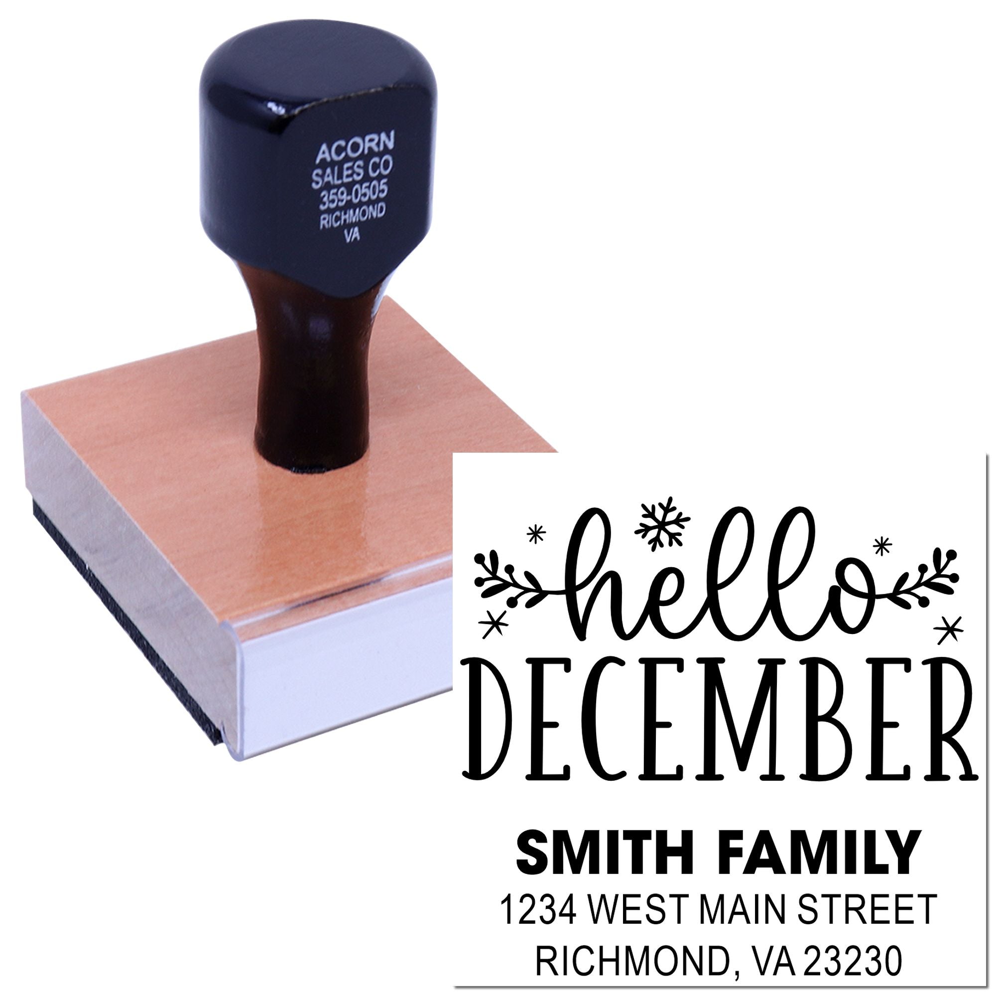 Custom holiday return address rubber stamp with hello december design for Smith Family mailing labels.