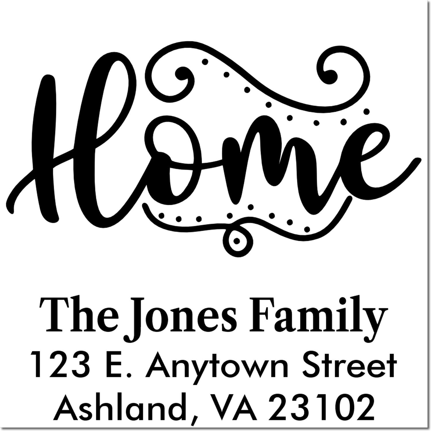 Custom home address rubber stamp with decorative Home design, The Jones Family, and Ashland, VA return address.