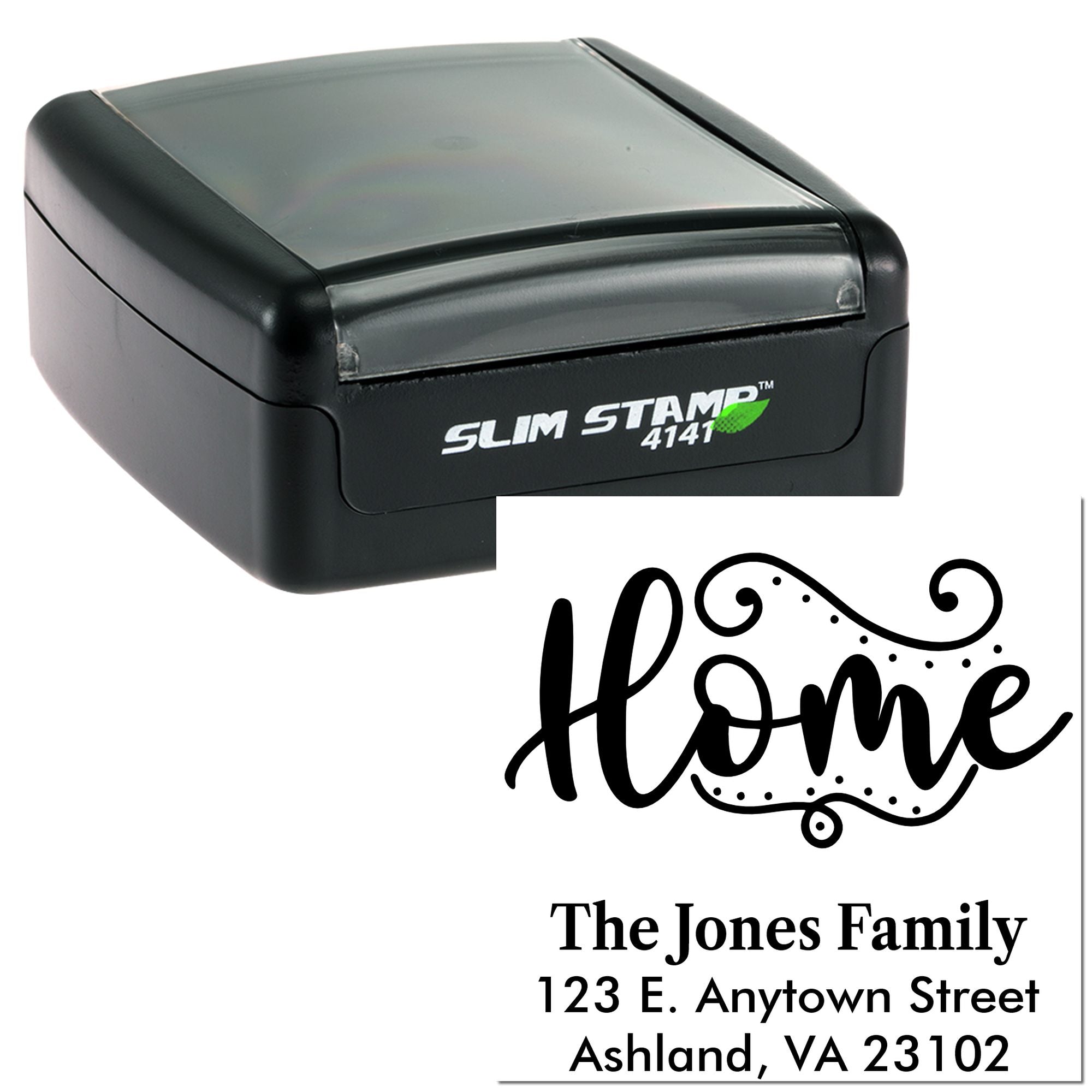 Custom self-inking rubber stamp with decorative Home address design for family mail and stationery.