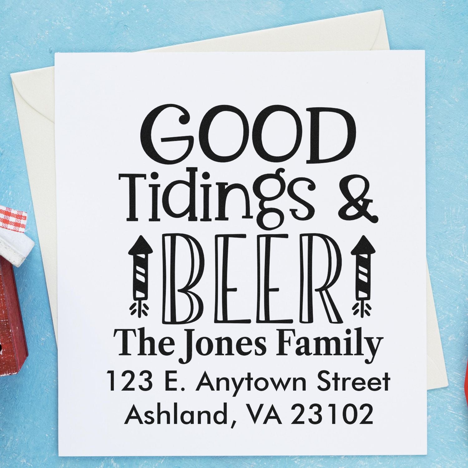 Custom Good Tidings & Beer return address rubber stamp for The Jones Family holiday cards and craft beer gifts.