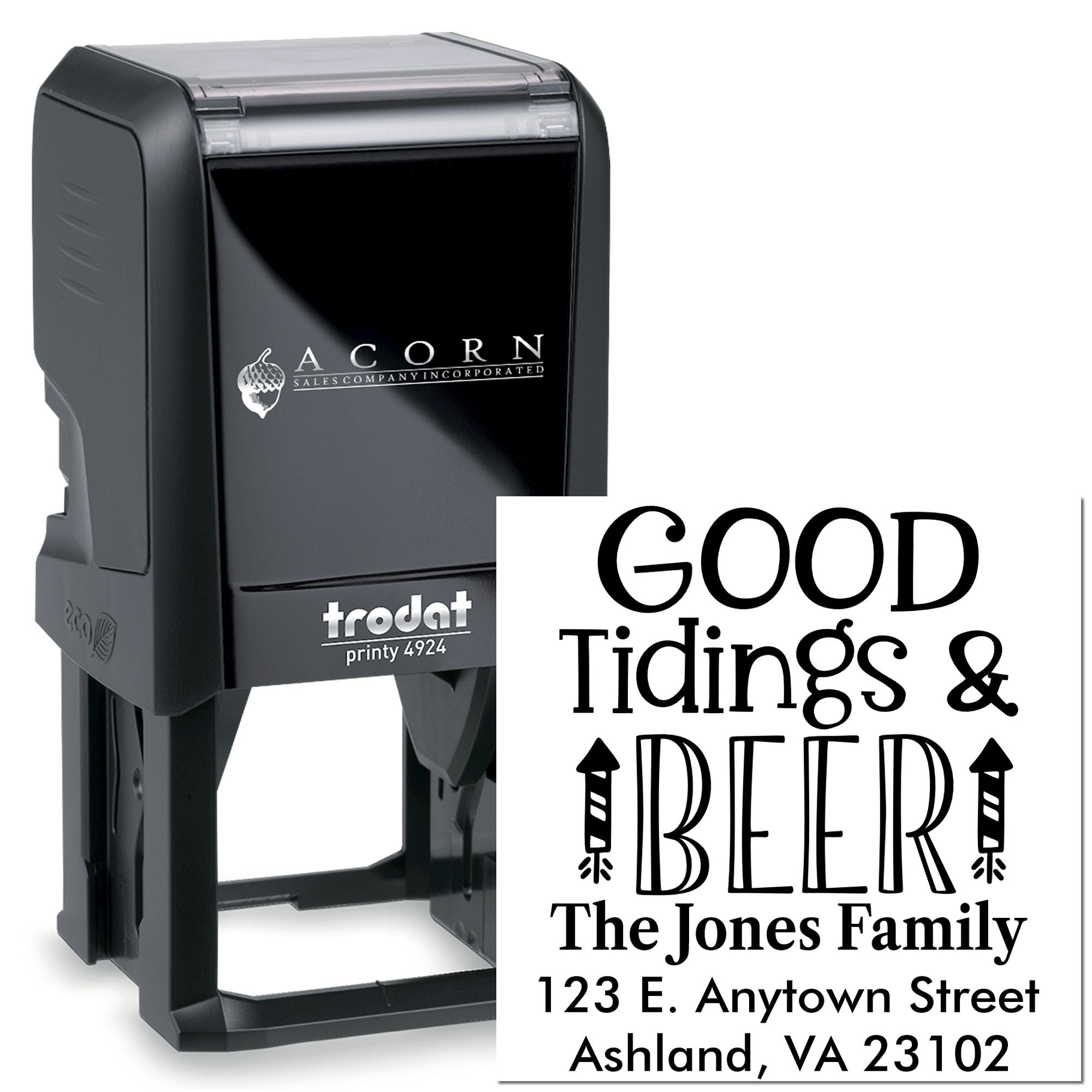 Custom self-inking rubber stamp featuring Good Tidings & Beer and The Jones Family return address.
