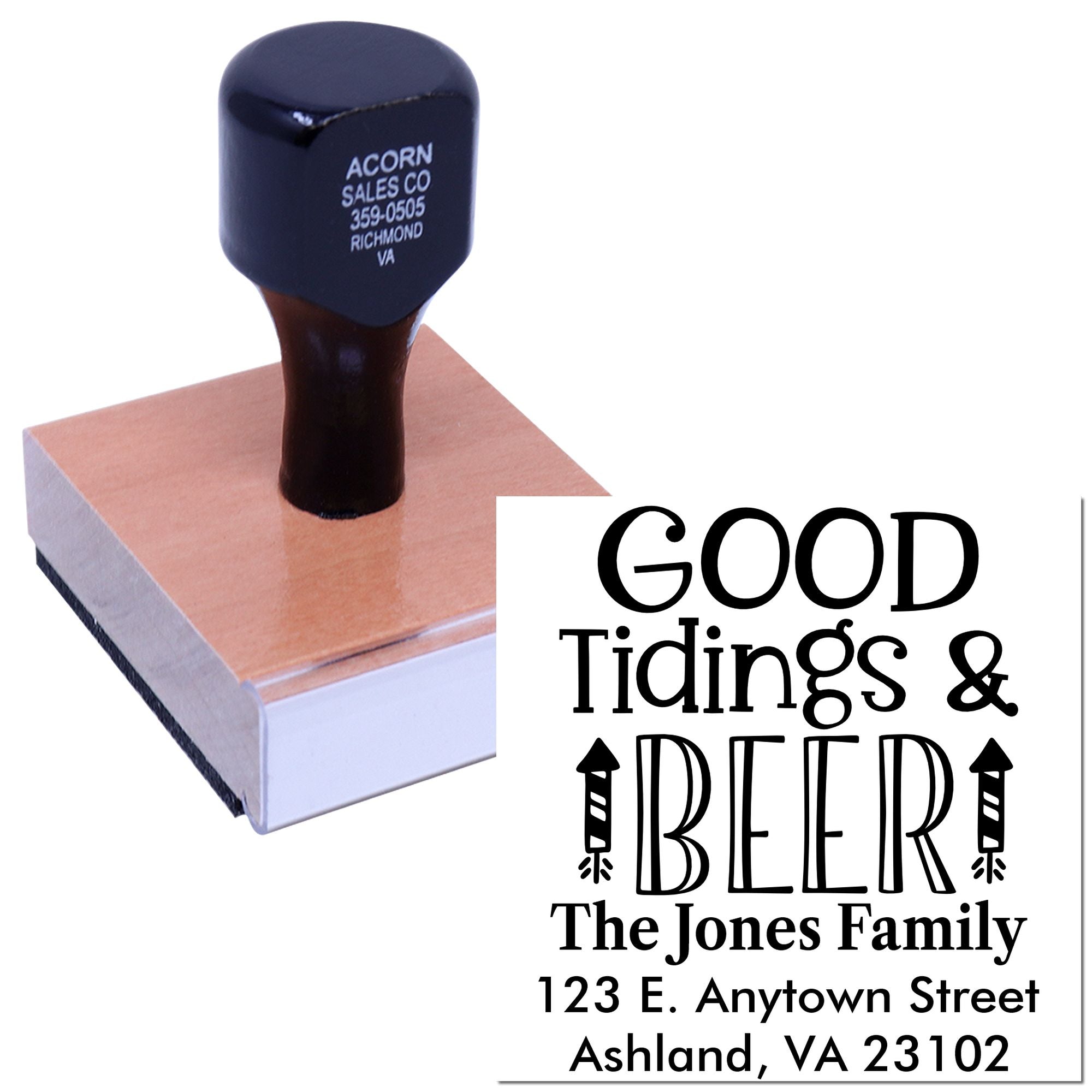 Personalized rubber stamp with custom holiday address design reading Good Tidings & Beer for The Jones Family.
