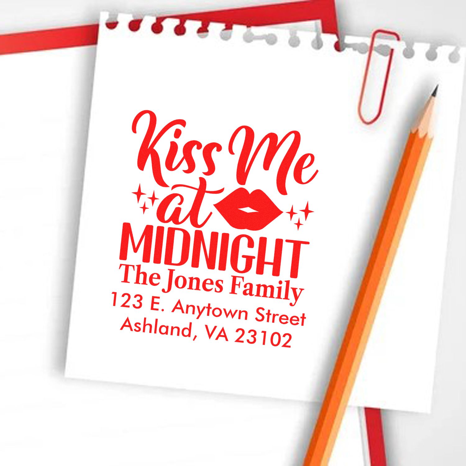 Custom rubber stamp design for The Jones Family with Kiss Me at Midnight and Ashland, VA address.