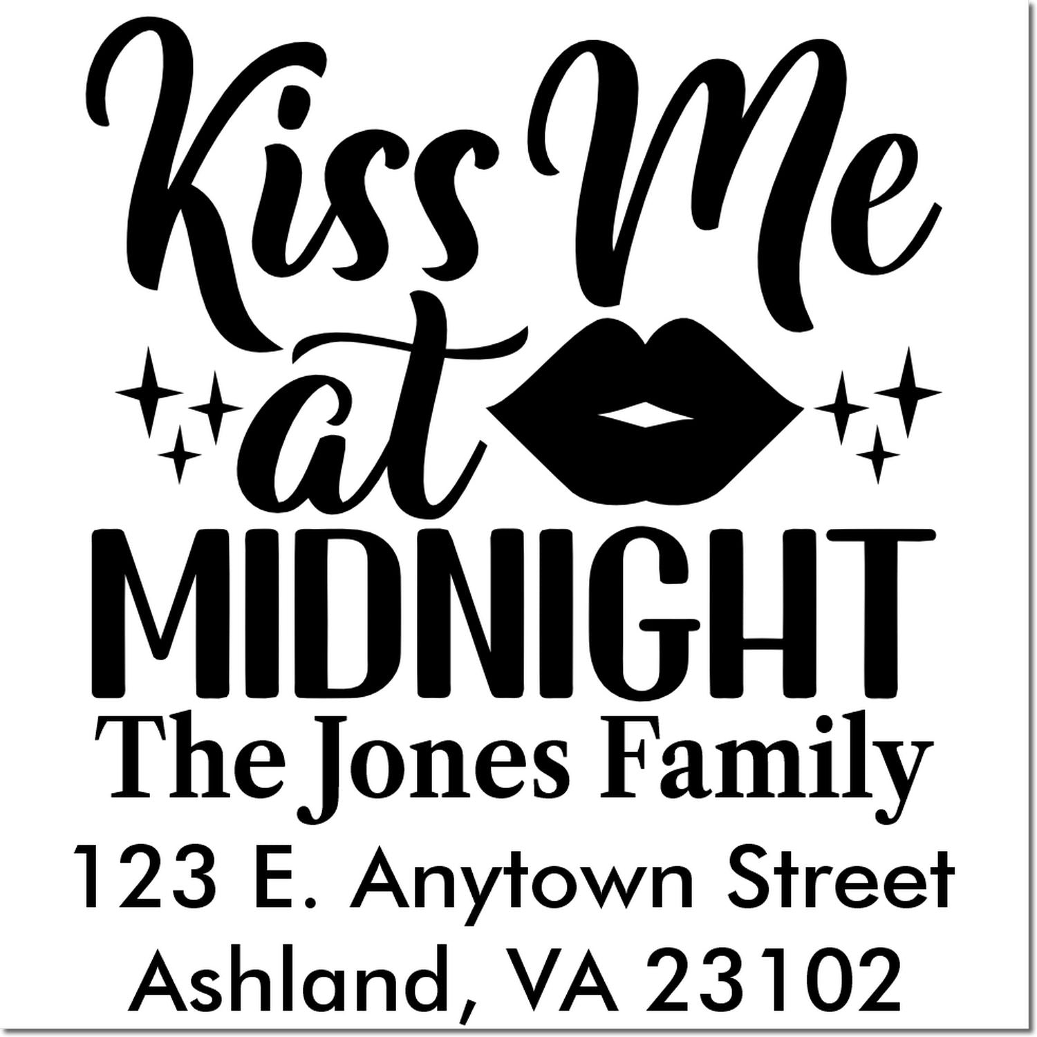 Custom rubber stamp reading Kiss Me at Midnight with family name and address for personalized holiday cards.
