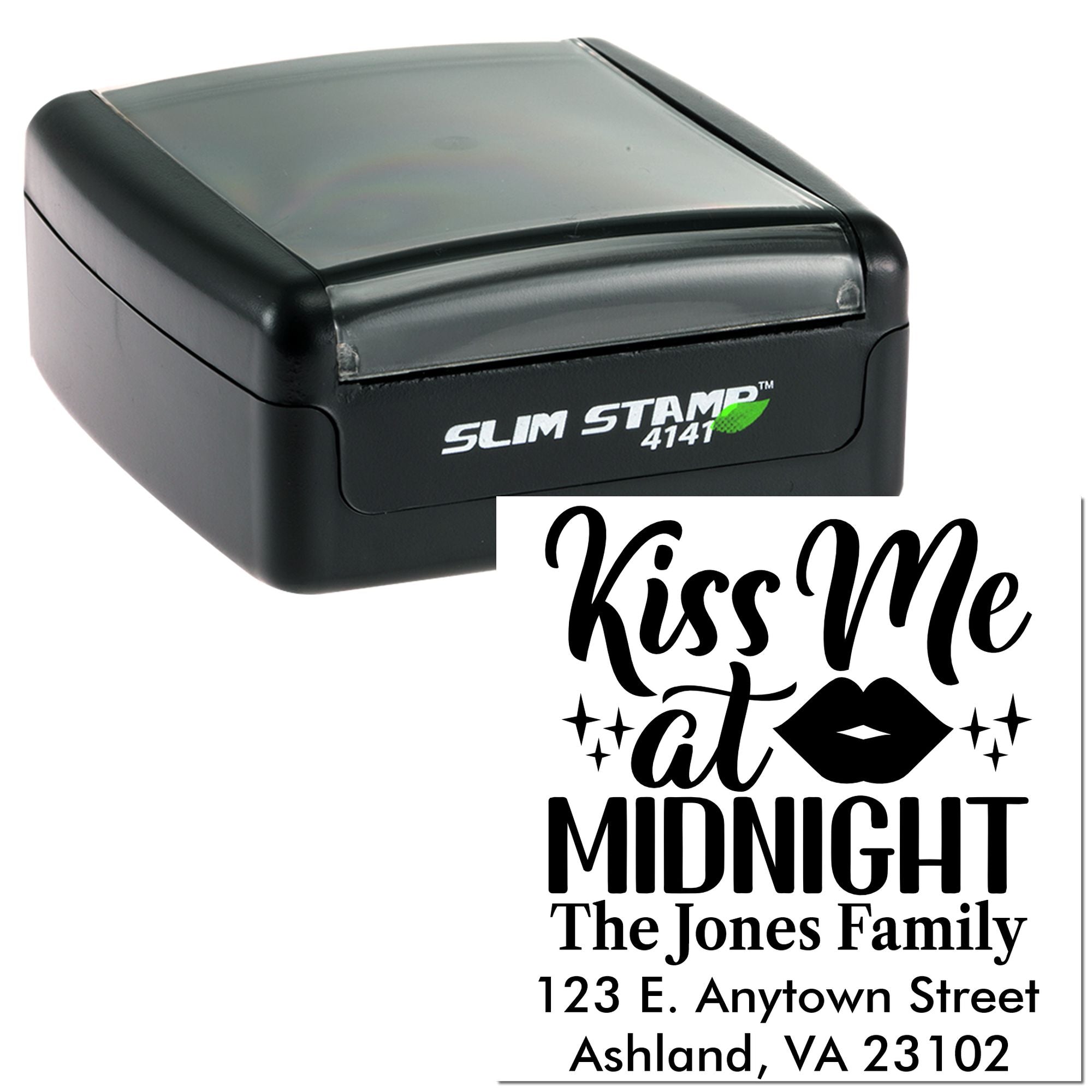 Slim self-inking custom rubber stamp with Kiss Me at Midnight return address design for holiday cards and gifts.
