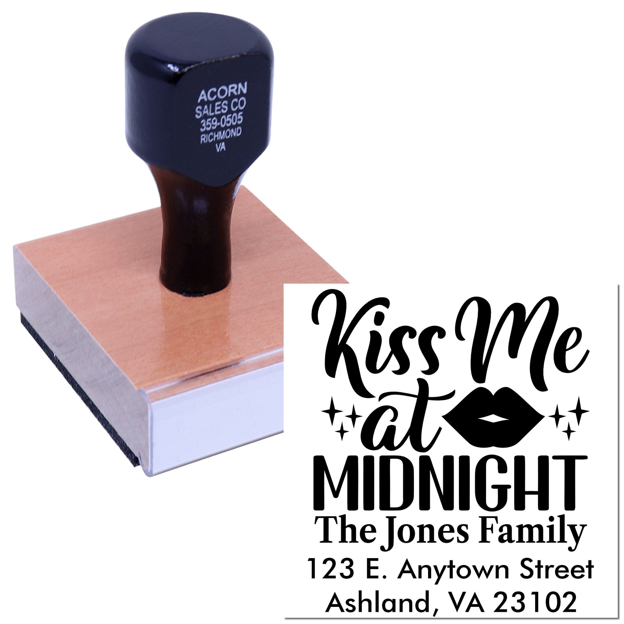 Personalized rubber stamp with Kiss Me at Midnight and custom return address for The Jones Family.