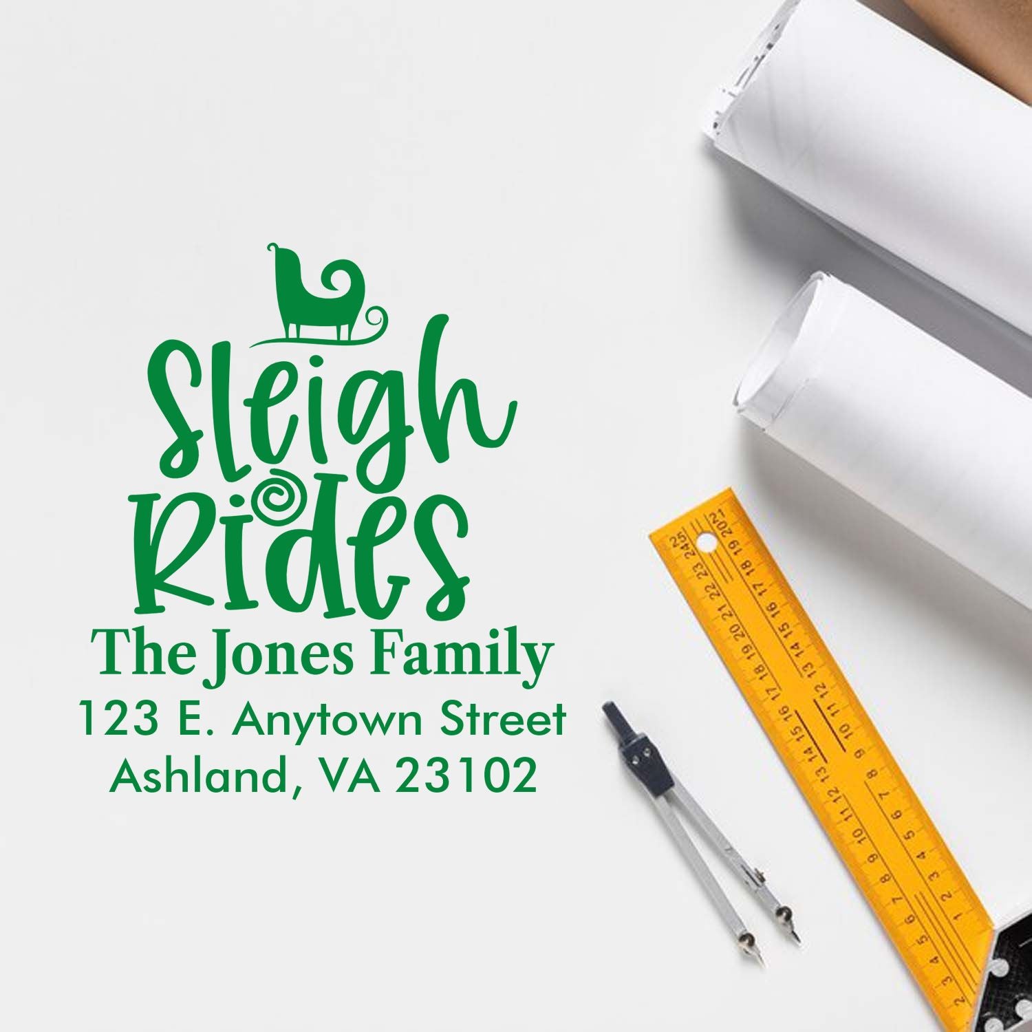 Custom holiday return address rubber stamp with Sleigh Rides design for The Jones Family, Ashland, VA 23102