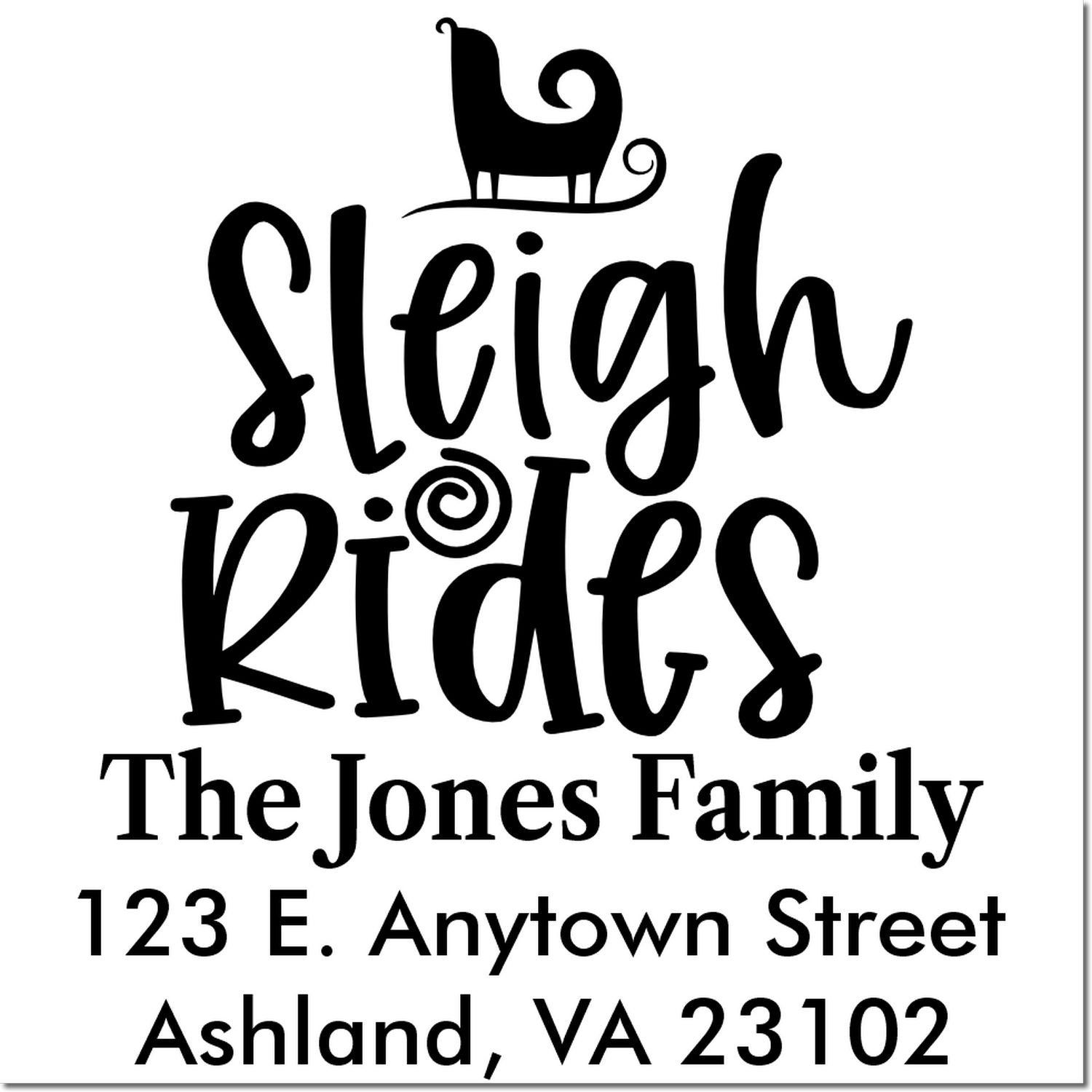 Personalized Sleigh Rides rubber stamp with family name and return address for holiday cards, invitations, and mail.