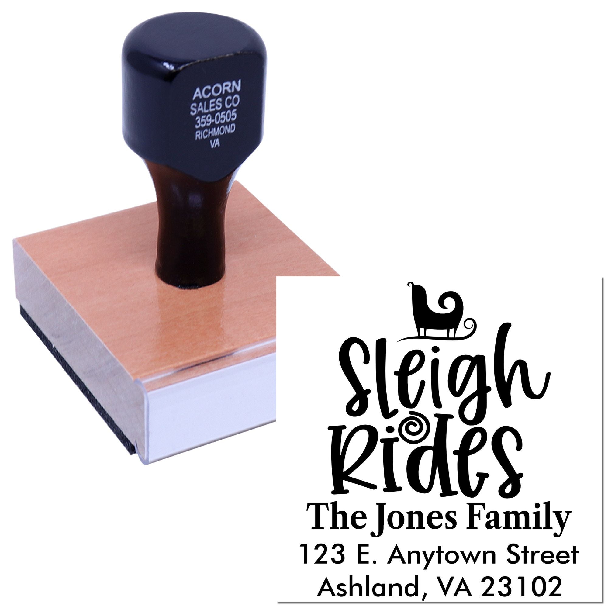 Personalized rubber address stamp with Sleigh Rides family design, used for custom return address imprint on mail.
