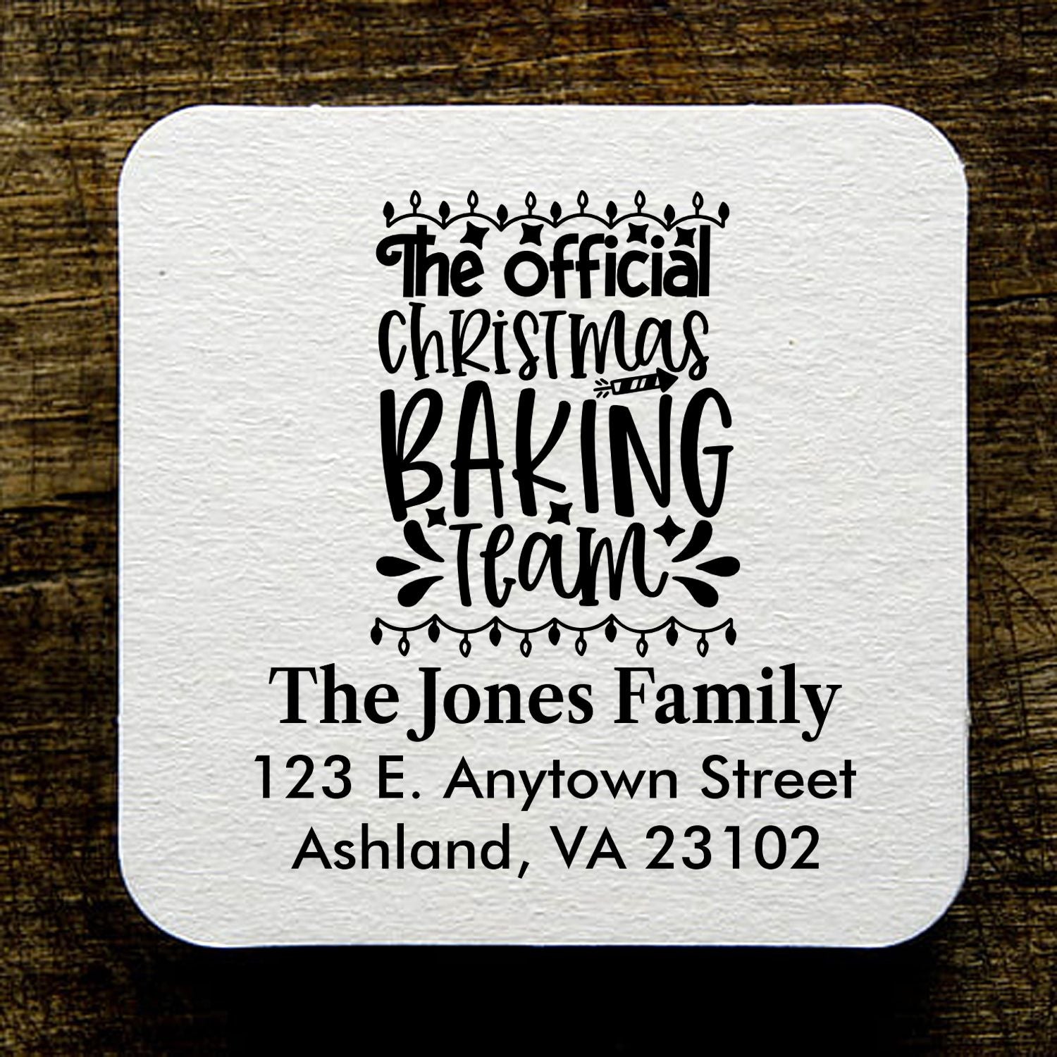 Personalized Christmas baking team rubber stamp with family name and address for holiday cookies and festive packaging