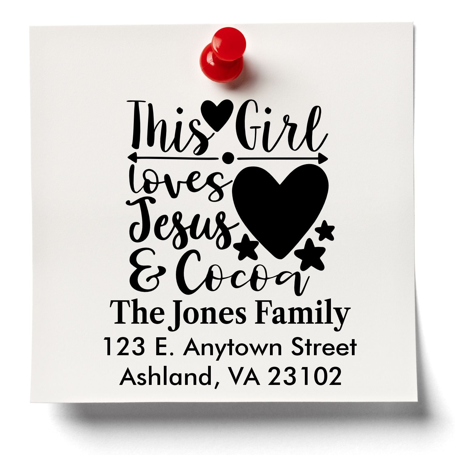 Custom rubber stamp with This Girl Loves Jesus & Cocoa design and personalized family name/address for crafts or gifting.