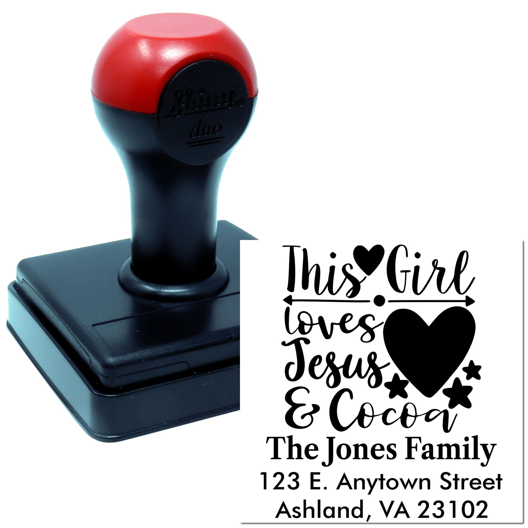 Custom self-inking rubber stamp with faith-based This Girl Loves Jesus & Cocoa design and personalized family address.