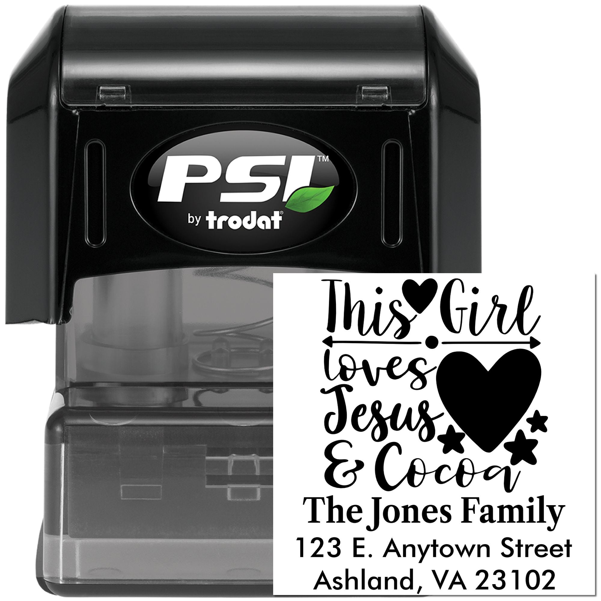 Custom self-inking rubber stamp by PSI Trodat with return address and This Girl Loves Jesus & Cocoa family design.