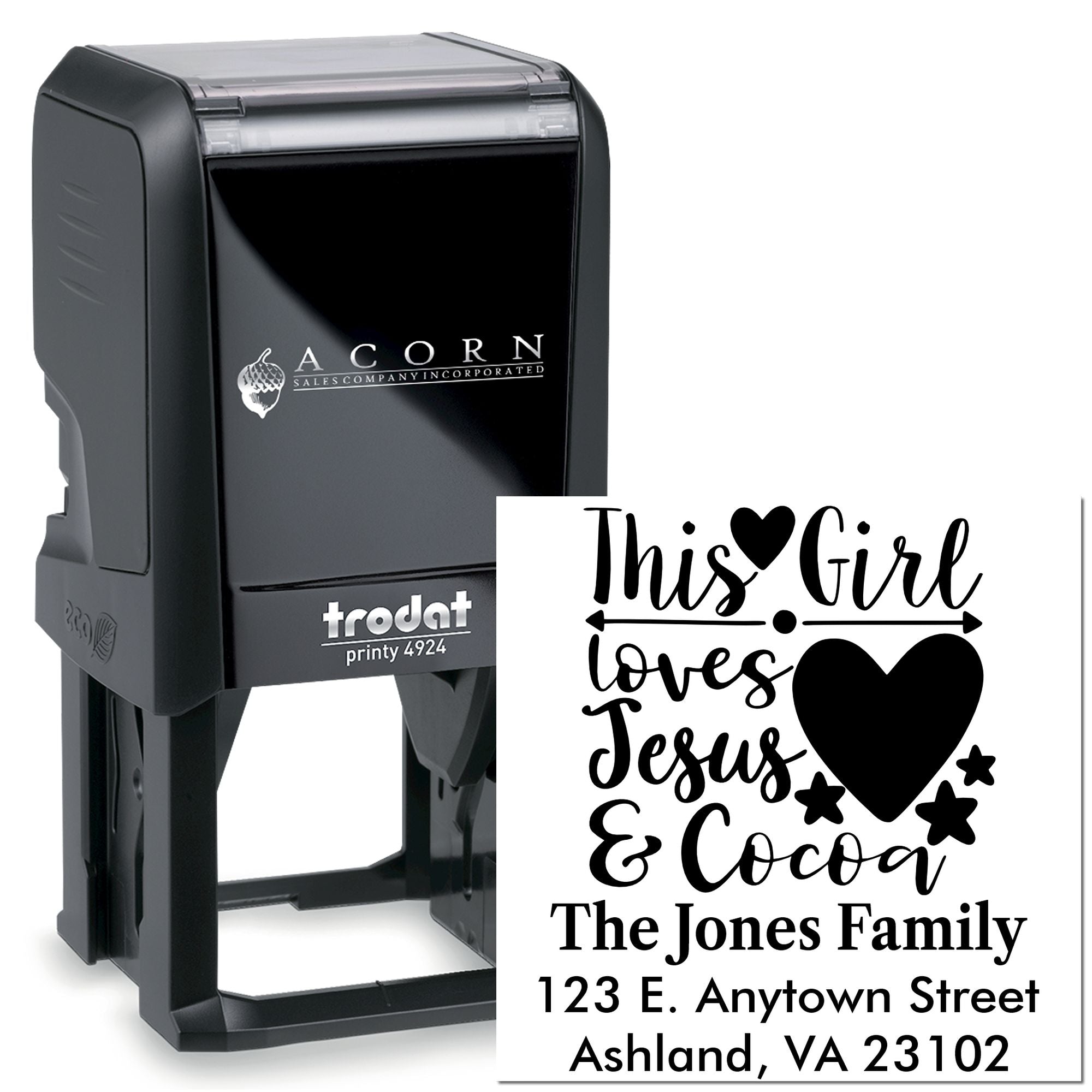 Personalized self-inking rubber address stamp with This Girl Loves Jesus & Cocoa design for family mailing use.