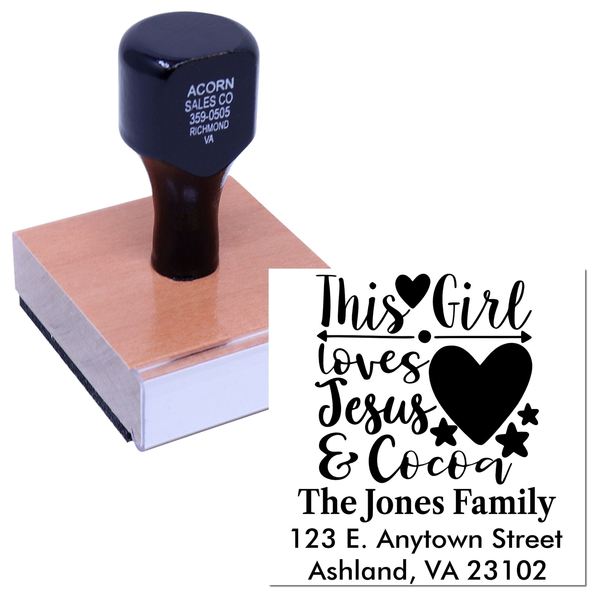 Personalized Christian rubber stamp with This Girl Loves Jesus & Cocoa design and custom family address.