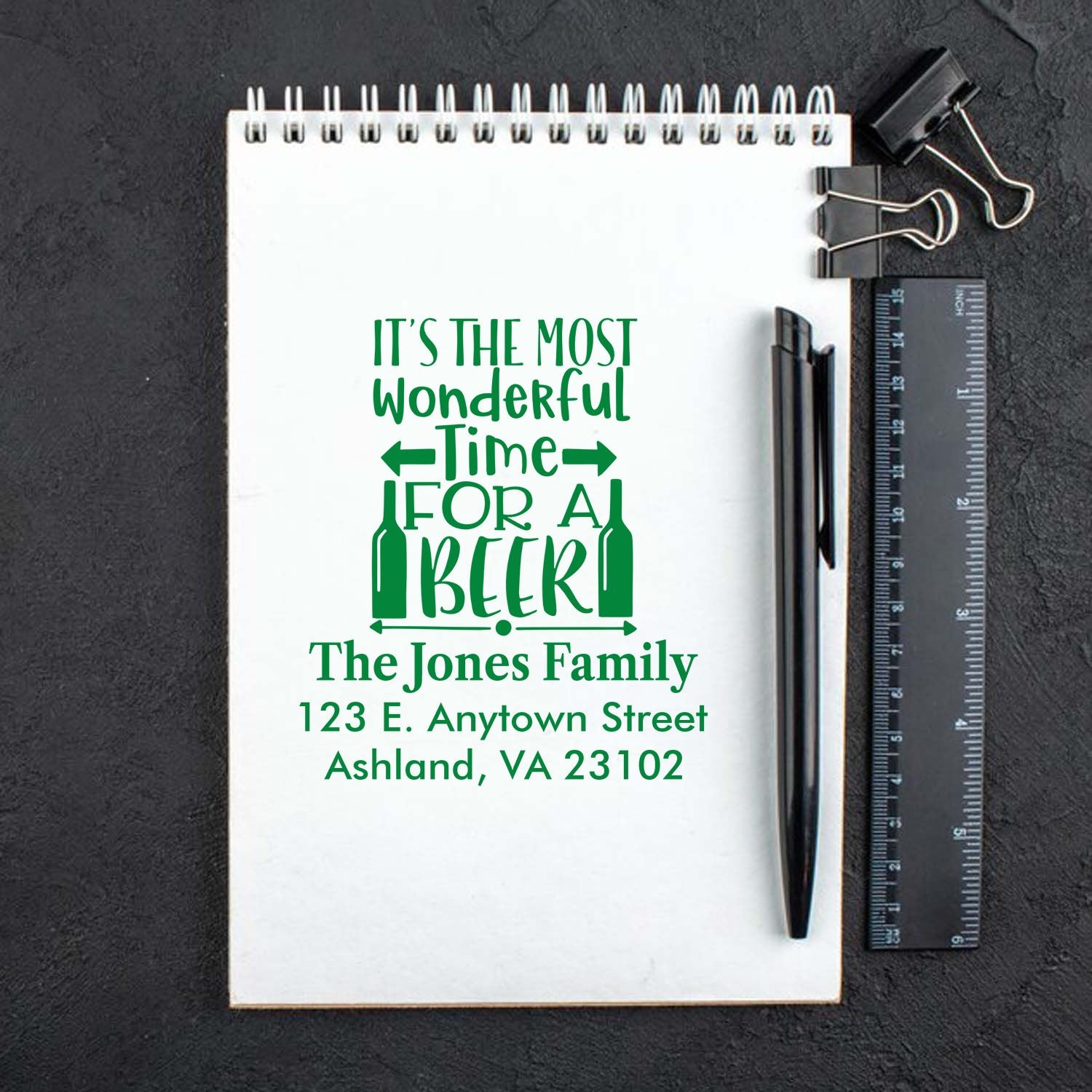 Personalized beer-themed return address rubber stamp for The Jones Family, ideal for custom stationery and gift packaging.