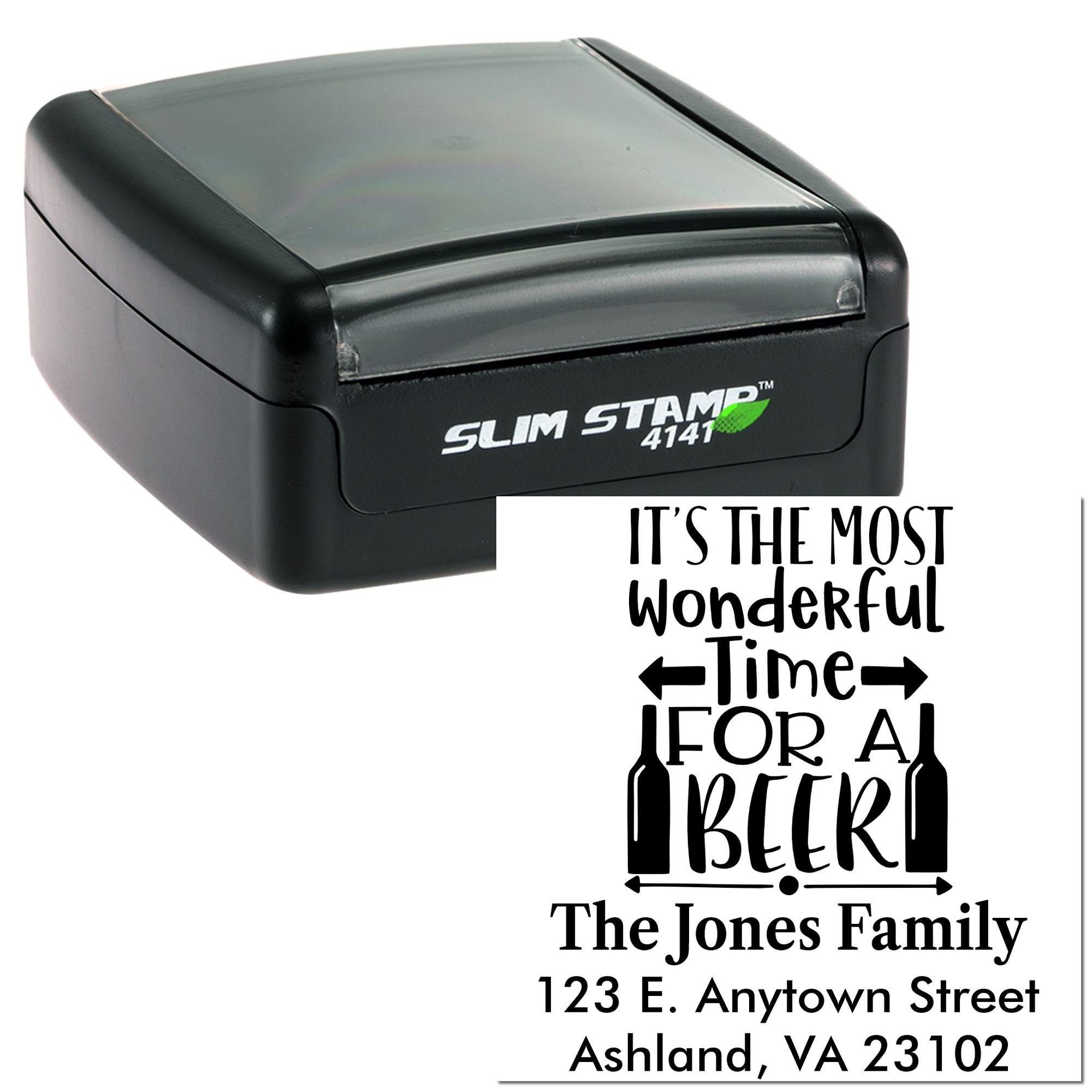 Personalized self-inking rubber address stamp with beer-themed custom return address design, shown in Slim Stamp 4141 case.