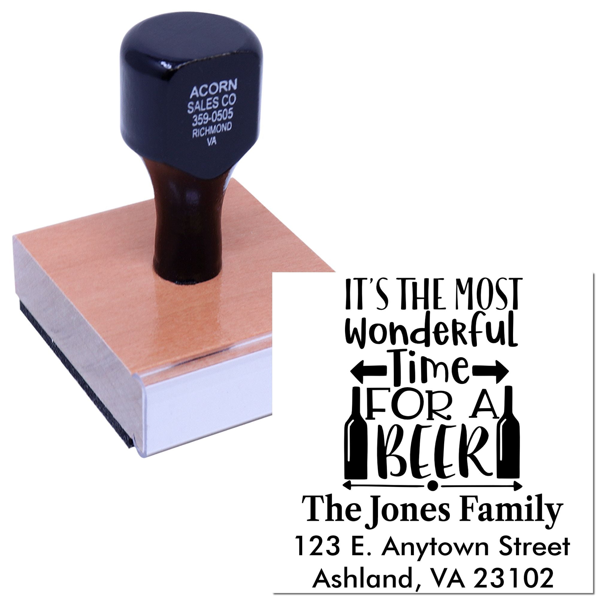 Personalized rubber stamp with beer-themed family return address, ideal for custom holiday cards and party invitations.