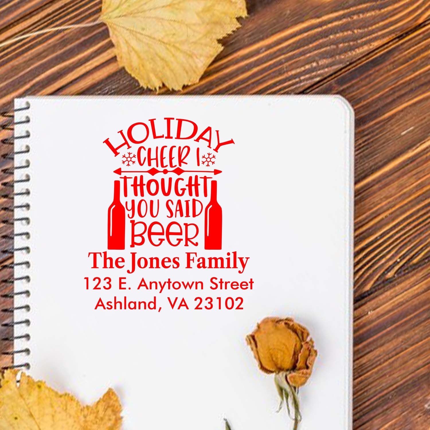 Personalized holiday return address rubber stamp with Holiday Cheer I Thought You Said Beer design for The Jones Family