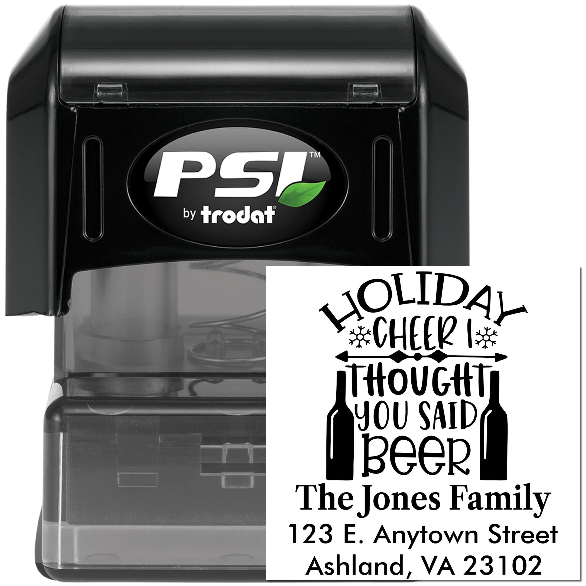 Custom self-inking rubber stamp with holiday beer pun and return address, PSI by Trodat personalized stamp.