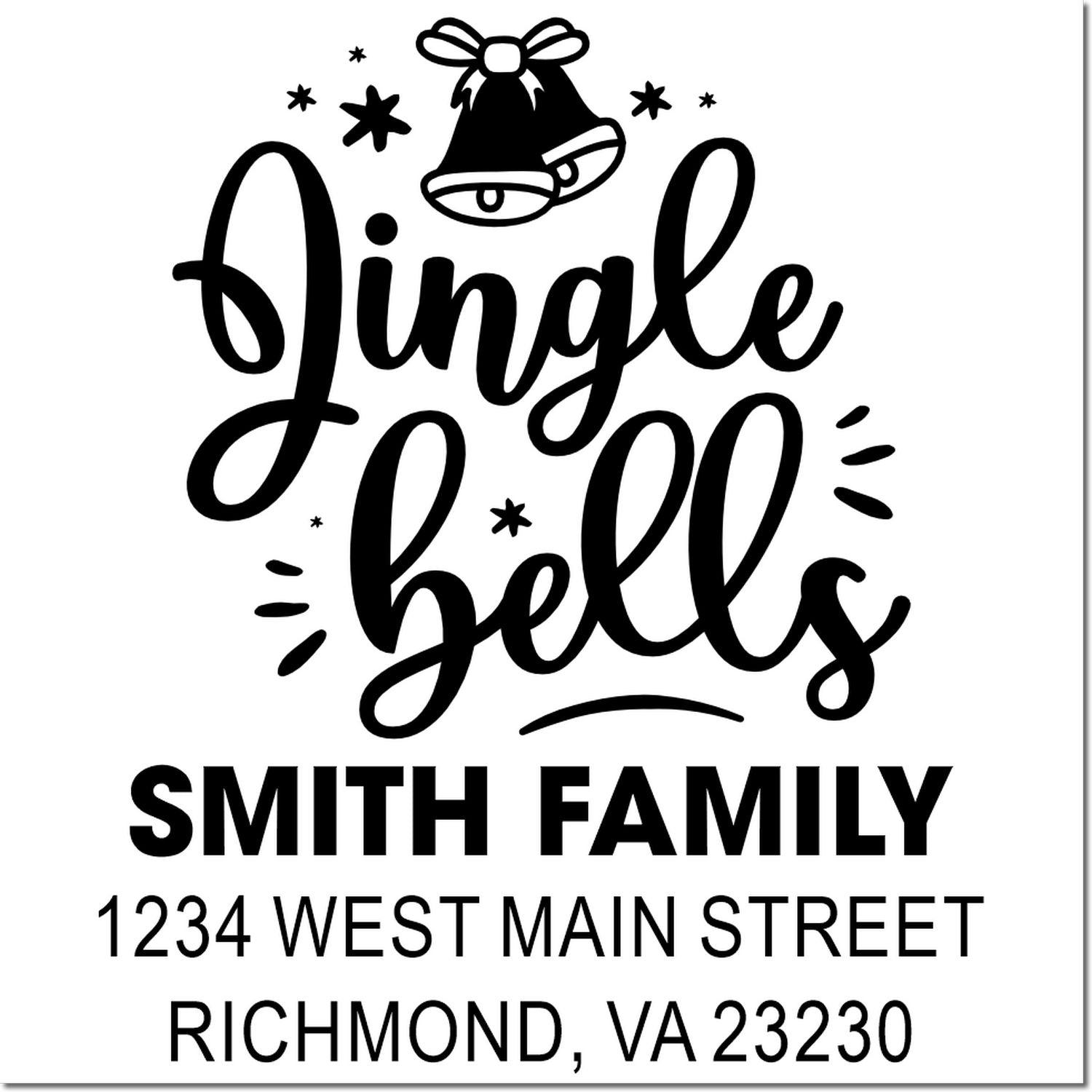 Personalized Jingle Bells Christmas return address rubber stamp with bells, Smith Family, Richmond, VA 23230