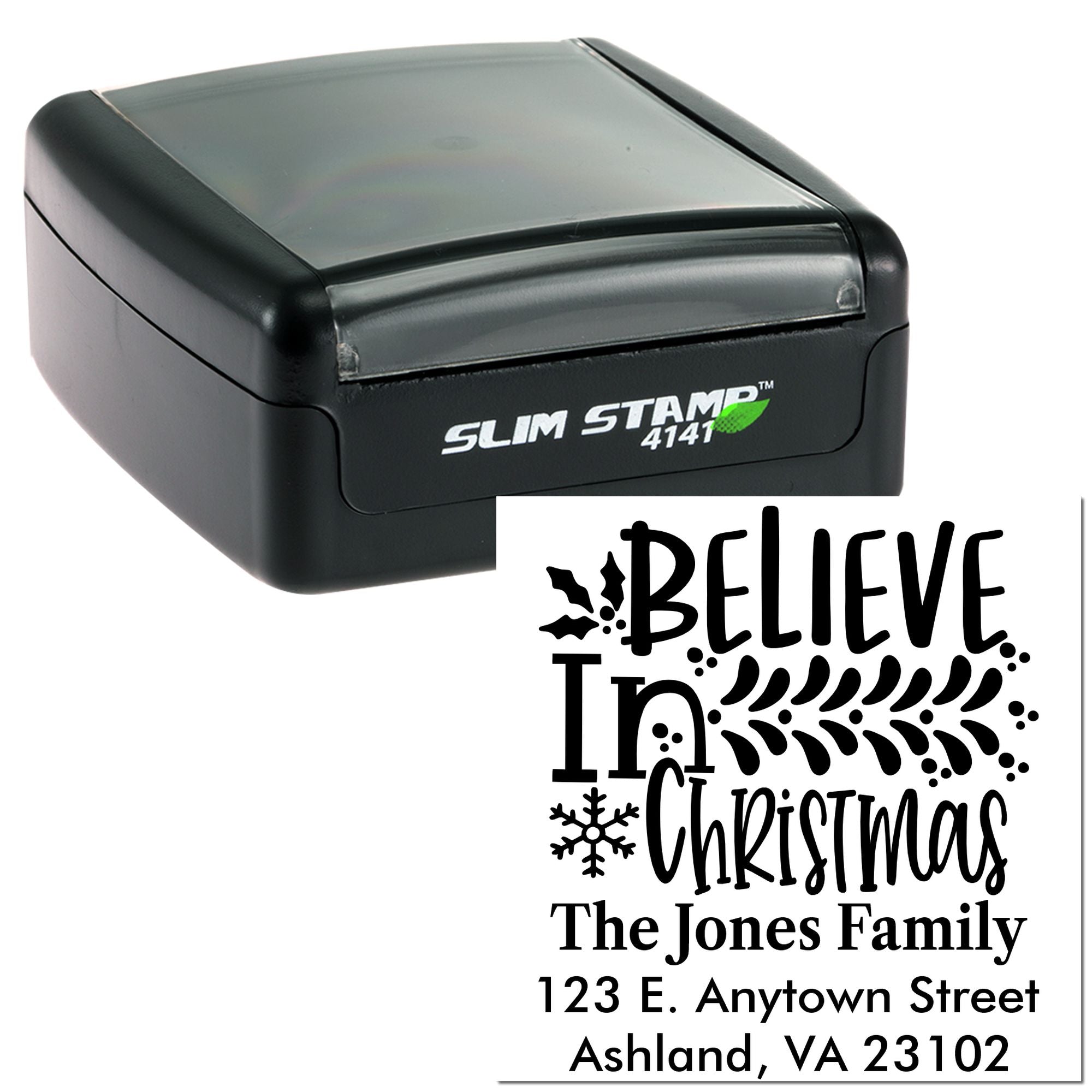 Custom self-inking rubber stamp with Believe in Christmas holiday return address design for The Jones Family.