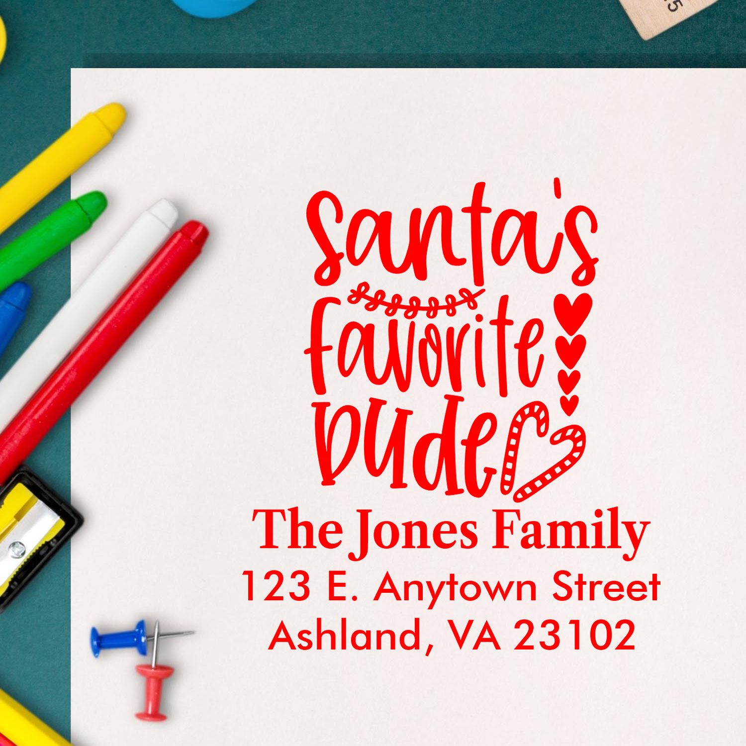 Personalized Christmas rubber stamp design for The Jones Family, Santas Favorite Dude return address stamp.