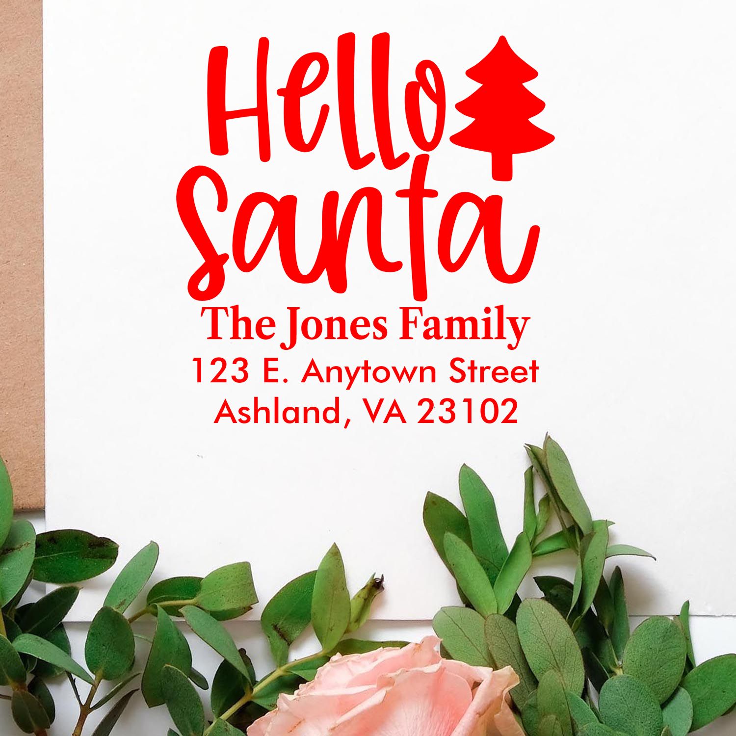 Personalized Hello Santa return address rubber stamp for Christmas cards, featuring family name and mailing address.