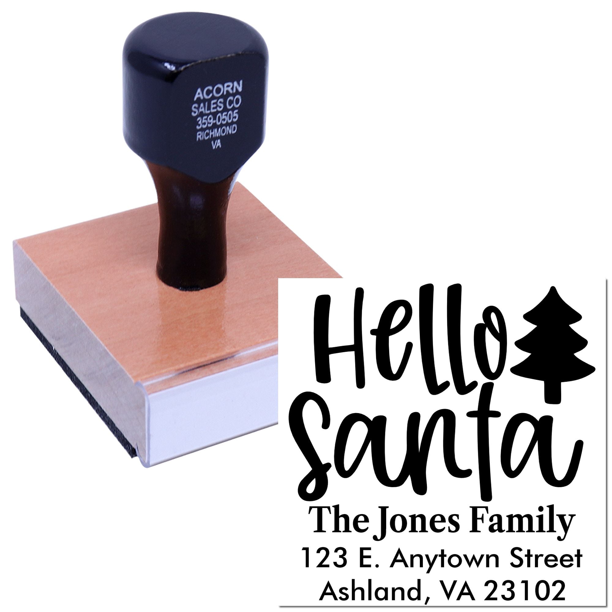 Custom holiday return address rubber stamp for Christmas cards, featuring Hello Santa design and family address.