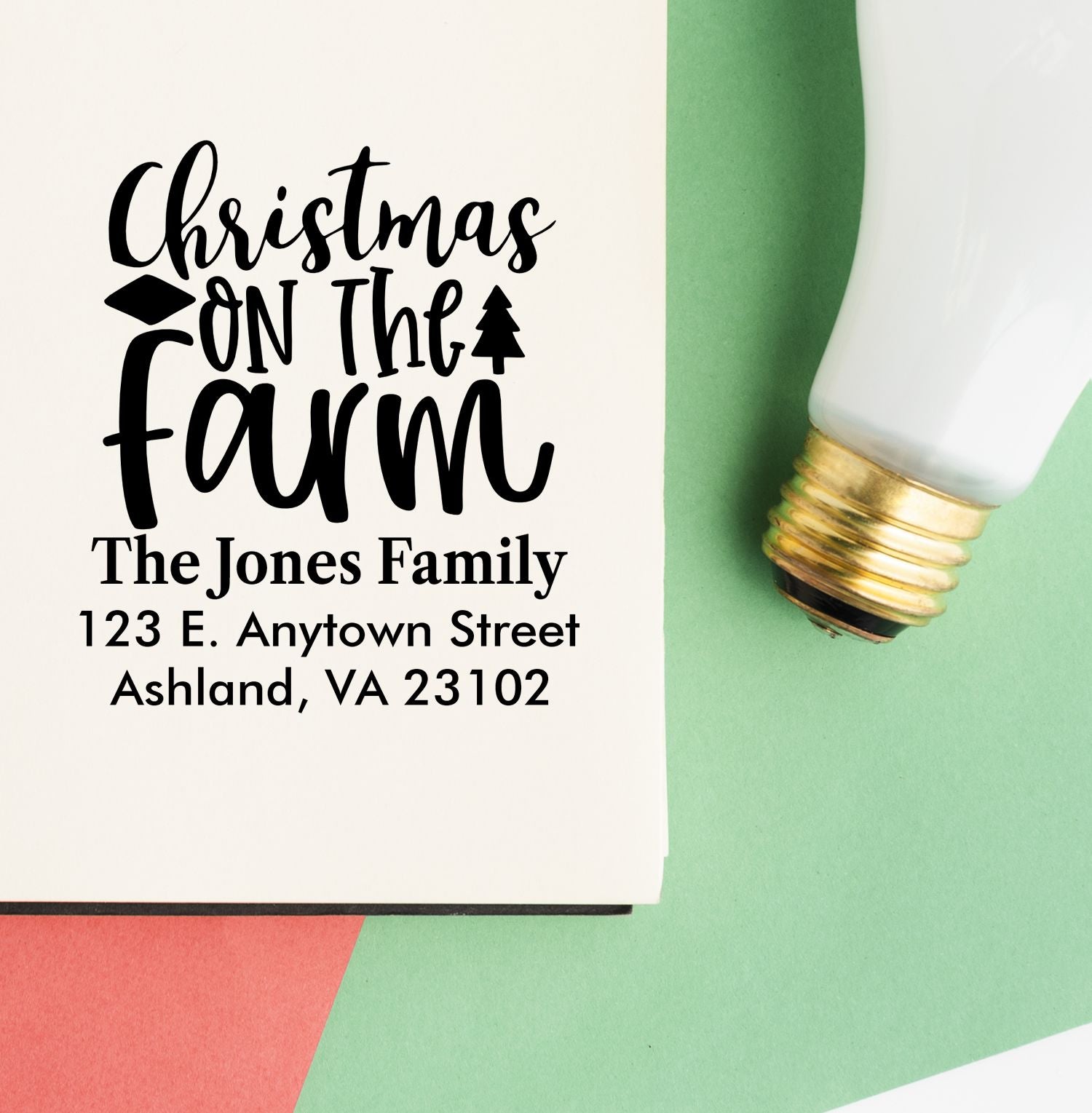Personalized Christmas on the Farm address rubber stamp for holiday cards, featuring The Jones Family, Ashland, VA.