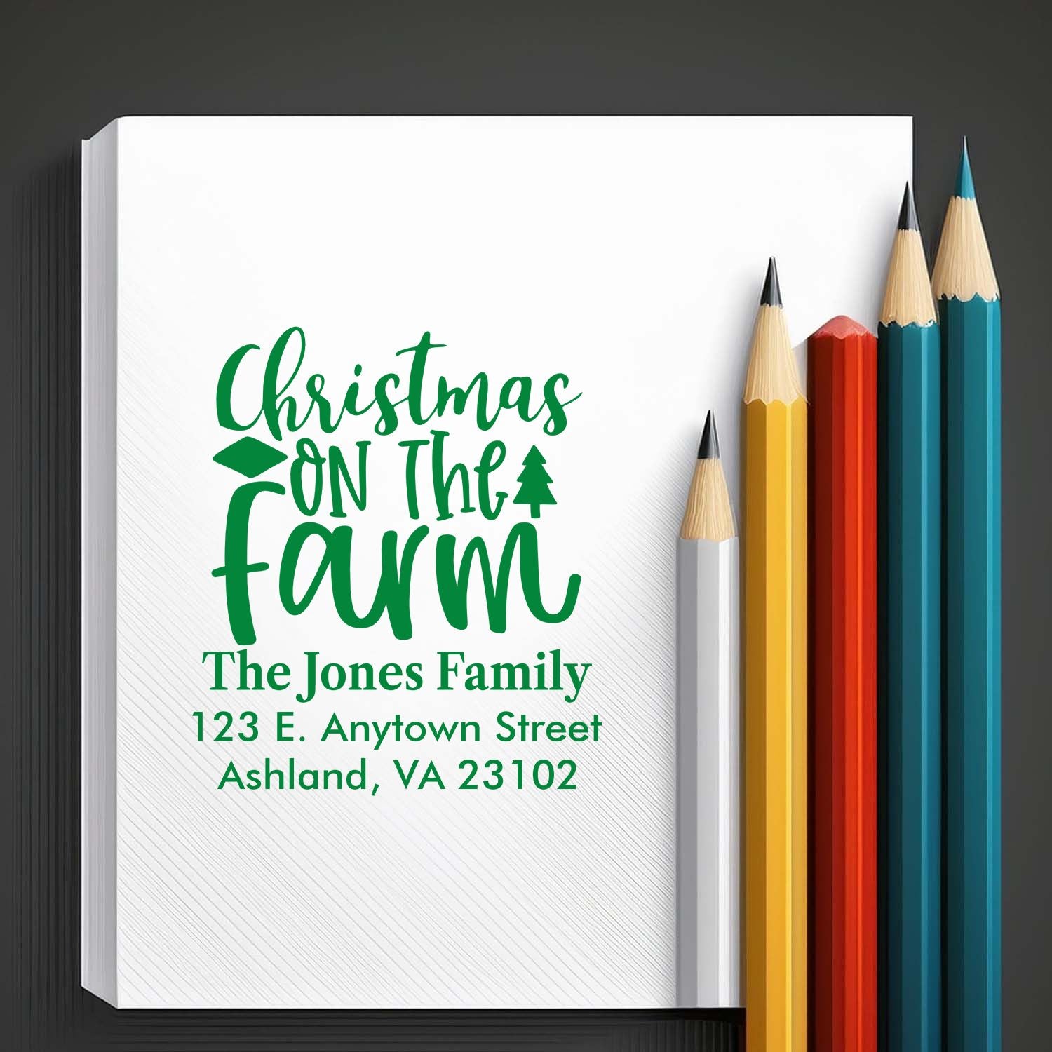 Custom Christmas on the Farm address rubber stamp for The Jones Family, Ashland VA, with festive holiday script.