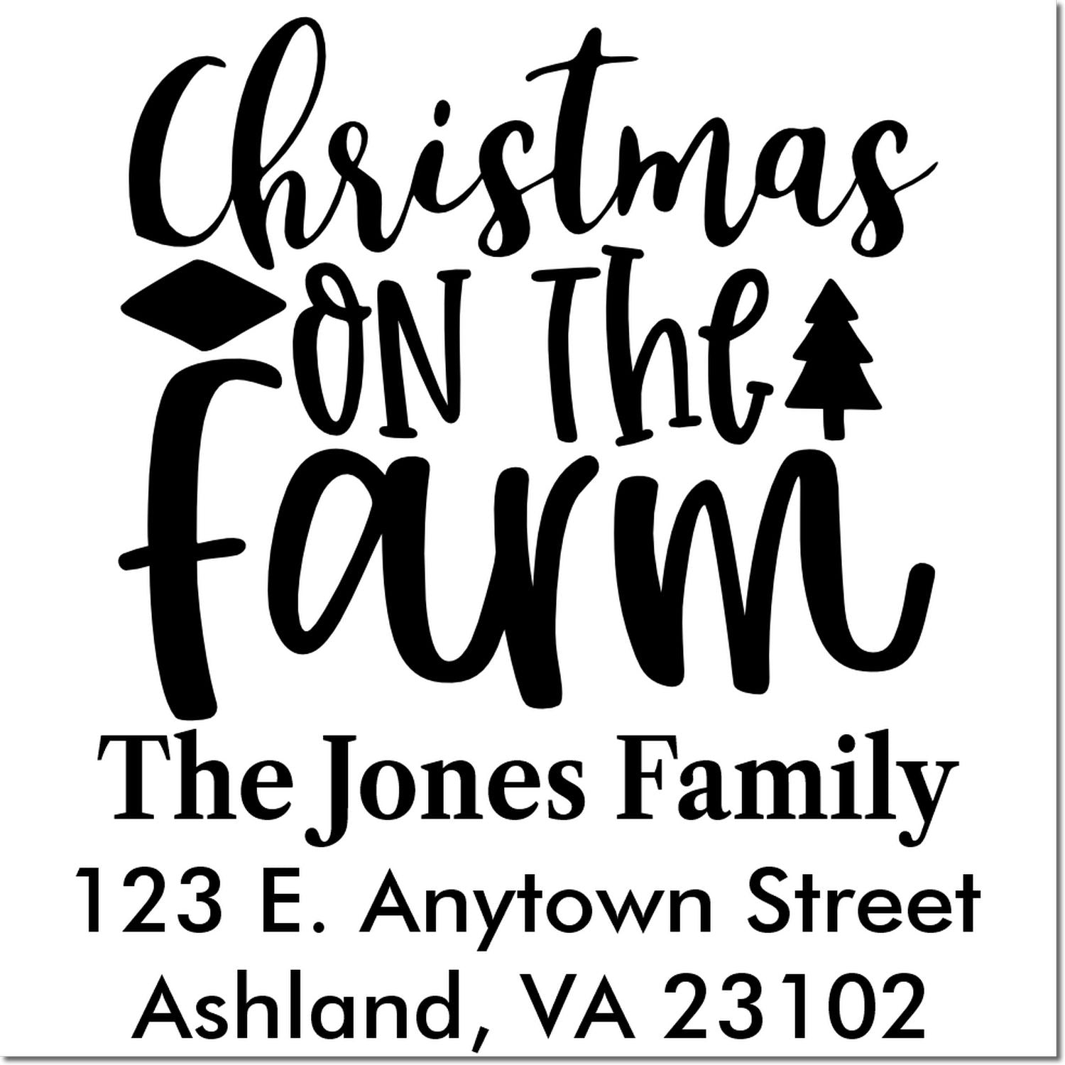 Christmas on the Farm custom address rubber stamp with family name and address for holiday cards and mail.