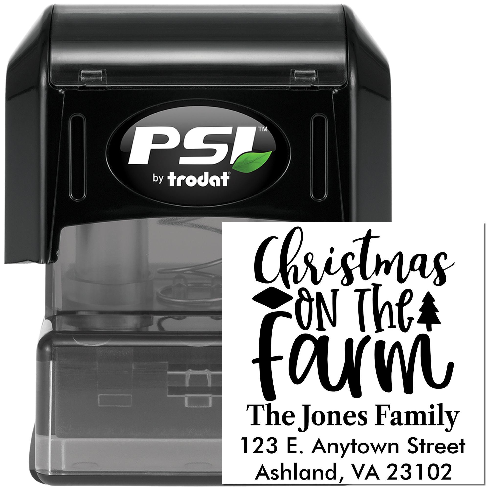Custom Christmas on the Farm self-inking rubber stamp by PSI Trodat for personalized family address labels.