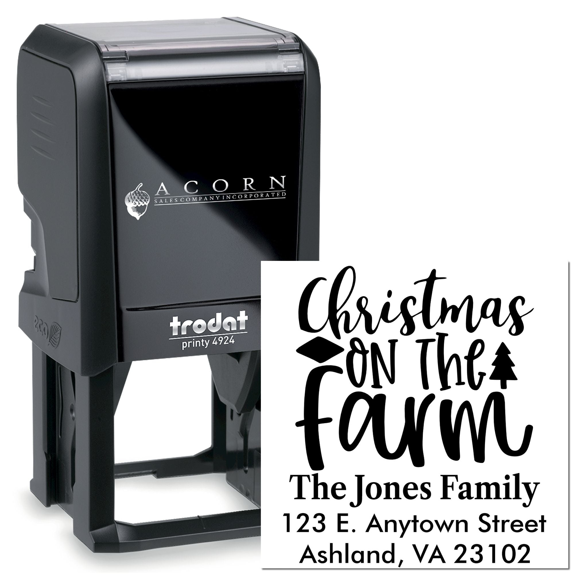 Self-inking rubber stamp with Christmas on the Farm custom return address design for holiday cards and envelopes.