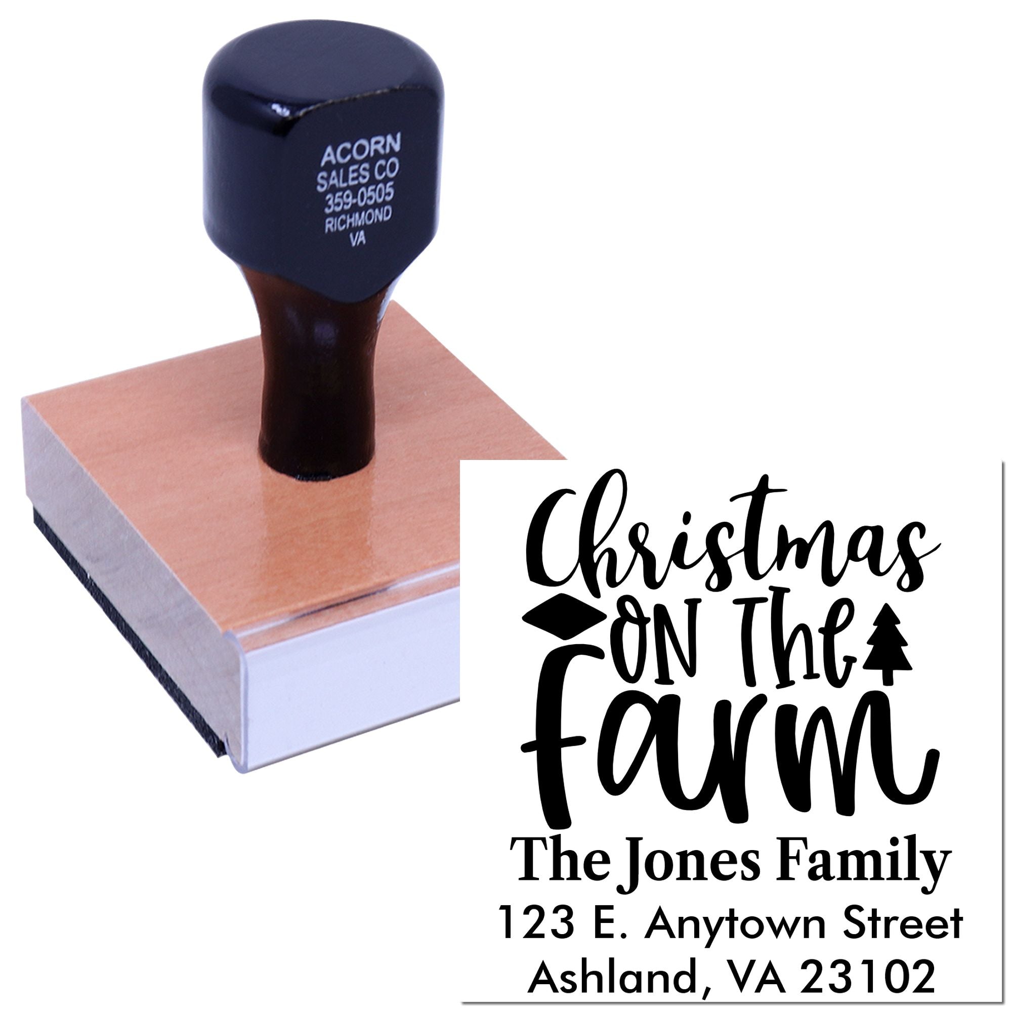 Personalized Christmas on the Farm rubber stamp with family name and address for holiday cards and farm-themed mailings.