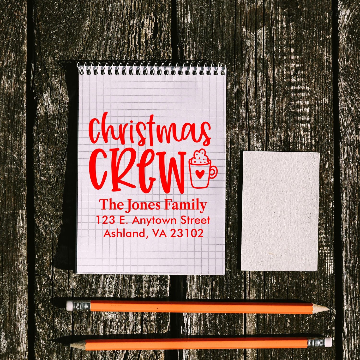Personalized Christmas Crew address rubber stamp for holiday cards, envelopes, and festive family mailing.