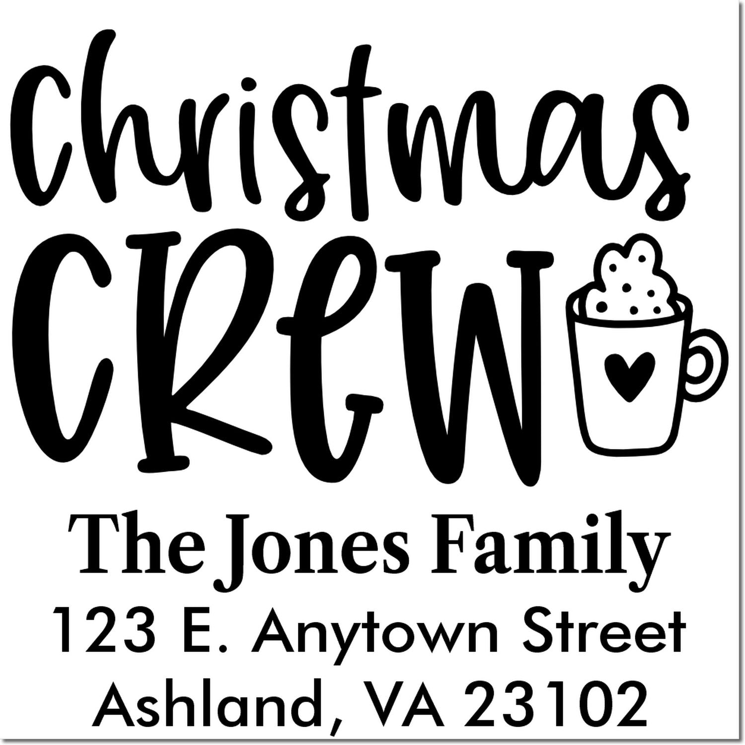 Personalized Christmas Crew rubber stamp for The Jones Family with custom address in festive holiday design.