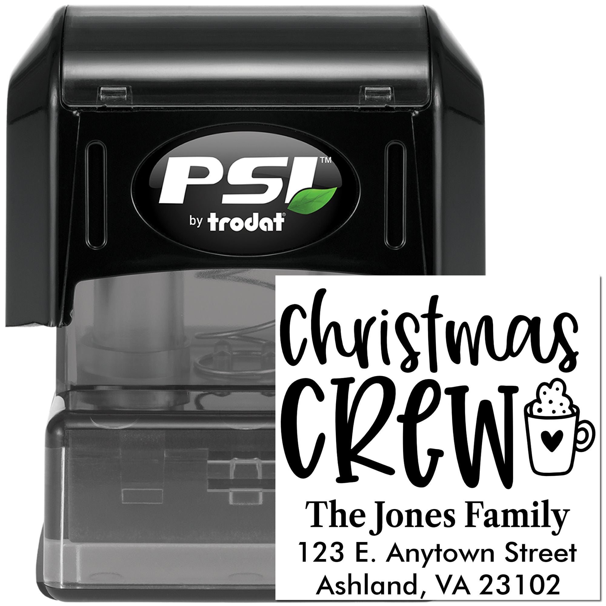 PSI by Trodat self-inking Christmas Grinch return address rubber stamp with personalized family name and address.